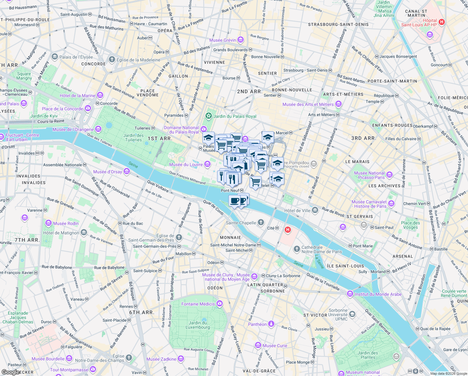 map of restaurants, bars, coffee shops, grocery stores, and more near 14 Quai du Louvre in Paris