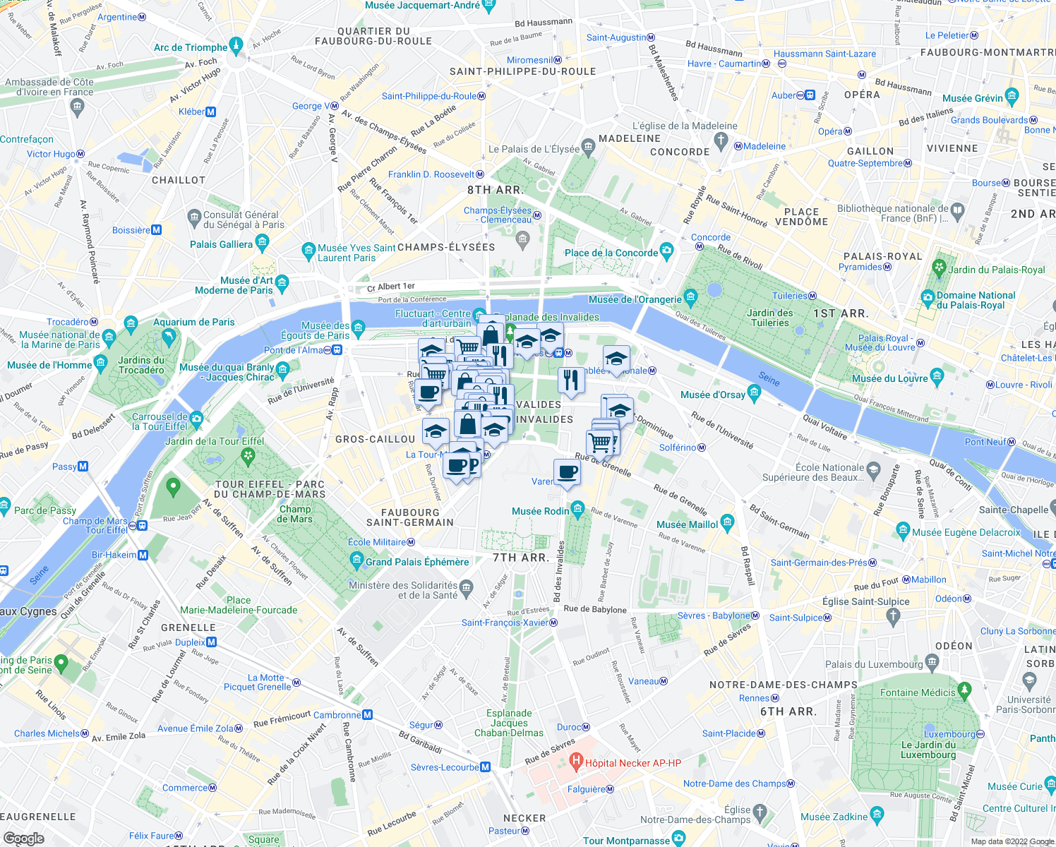 map of restaurants, bars, coffee shops, grocery stores, and more near in Paris