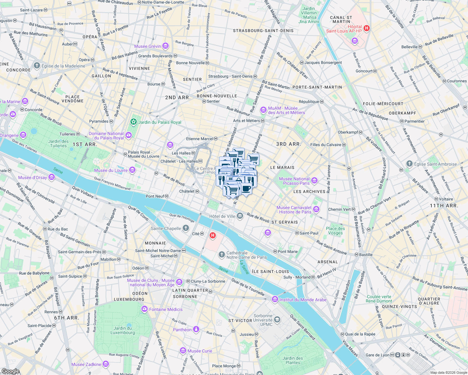 map of restaurants, bars, coffee shops, grocery stores, and more near 2 Rue Brisemiche in Paris