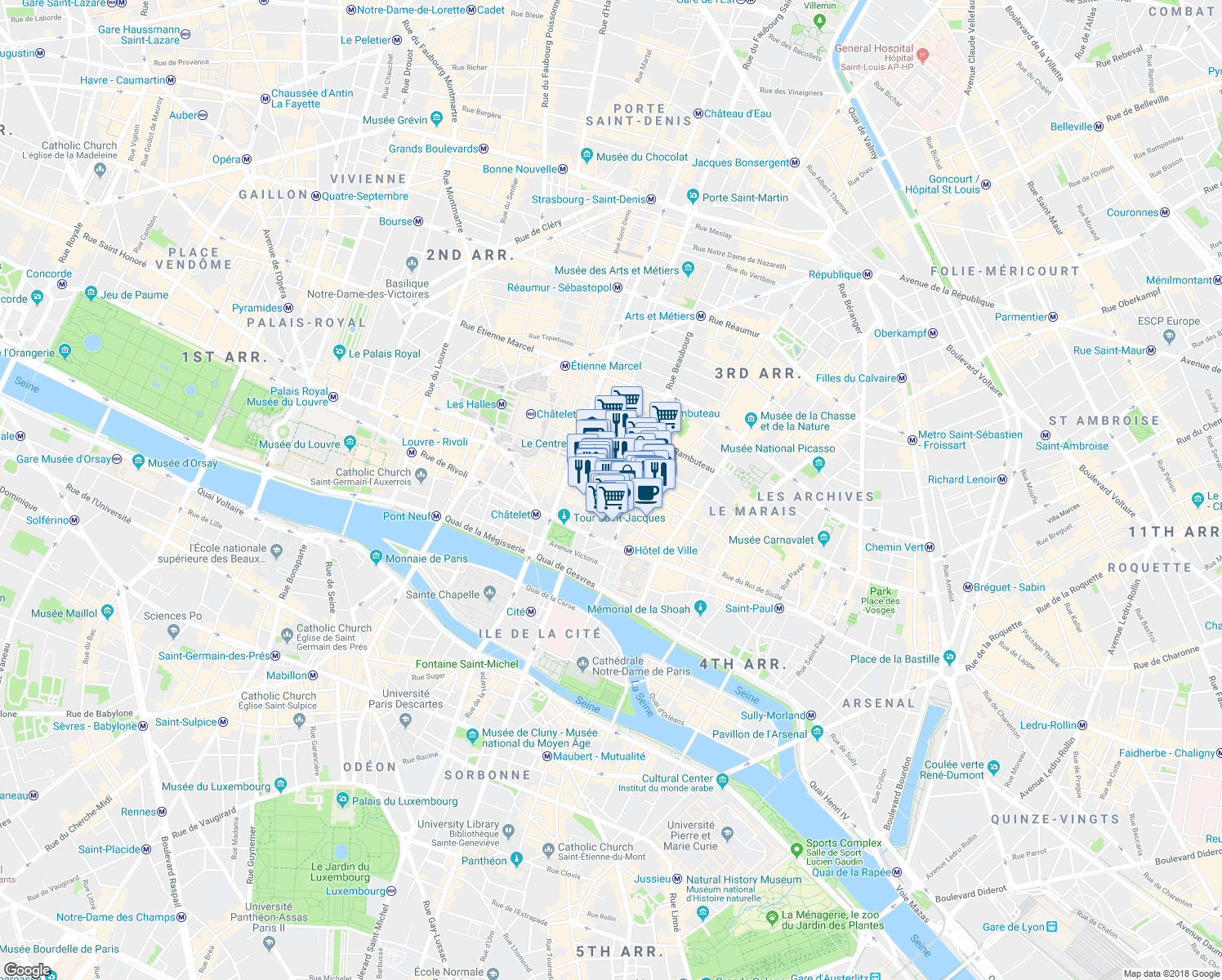 map of restaurants, bars, coffee shops, grocery stores, and more near Place Igor-Stravinsky in Paris