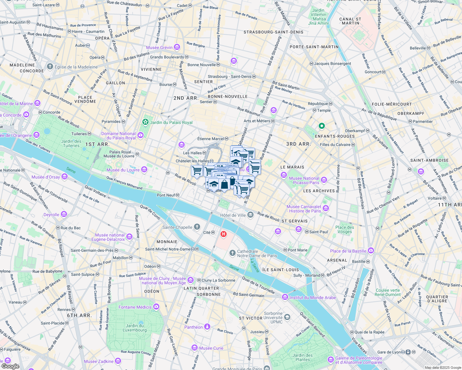 map of restaurants, bars, coffee shops, grocery stores, and more near 13 Rue Quincampoix in Paris