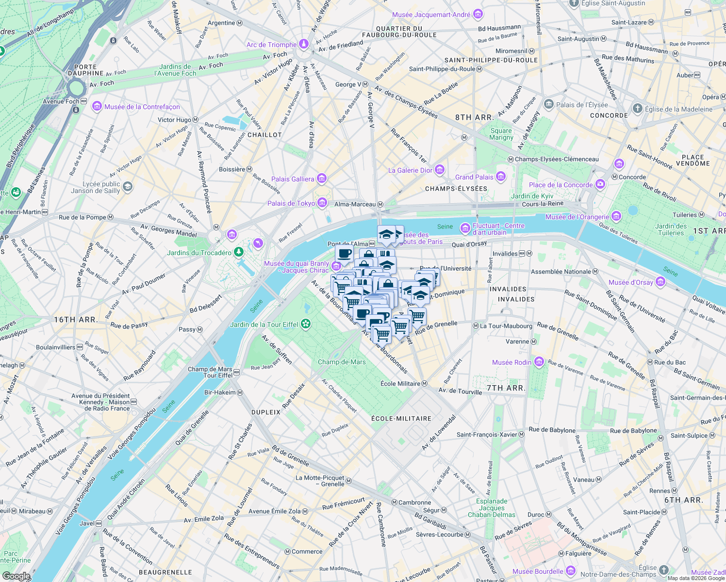 map of restaurants, bars, coffee shops, grocery stores, and more near 4 Rue de Monttessuy in Paris