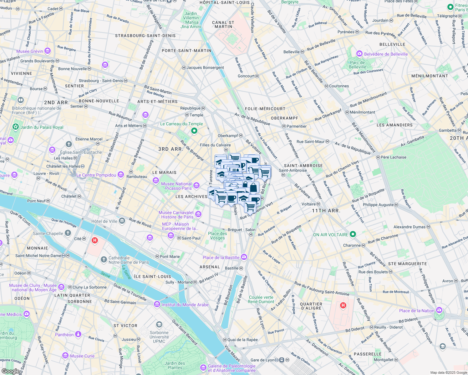map of restaurants, bars, coffee shops, grocery stores, and more near 92 Boulevard Beaumarchais in Paris