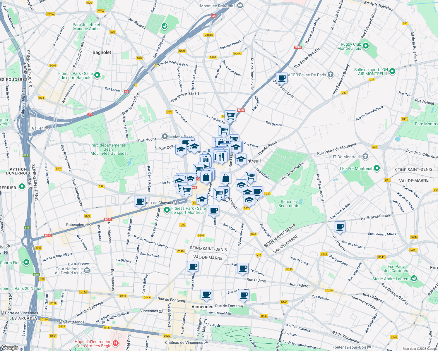 map of restaurants, bars, coffee shops, grocery stores, and more near 65 Rue du Capitaine Dreyfus in Montreuil