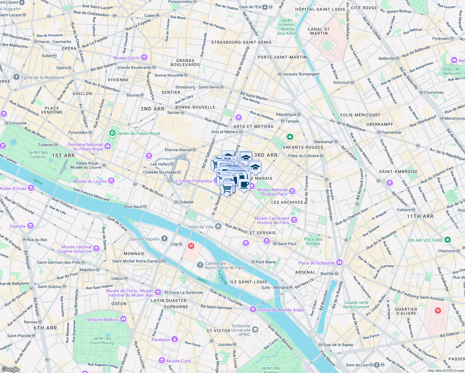 map of restaurants, bars, coffee shops, grocery stores, and more near 3 Rue Geoffroy l'Angevin in Paris