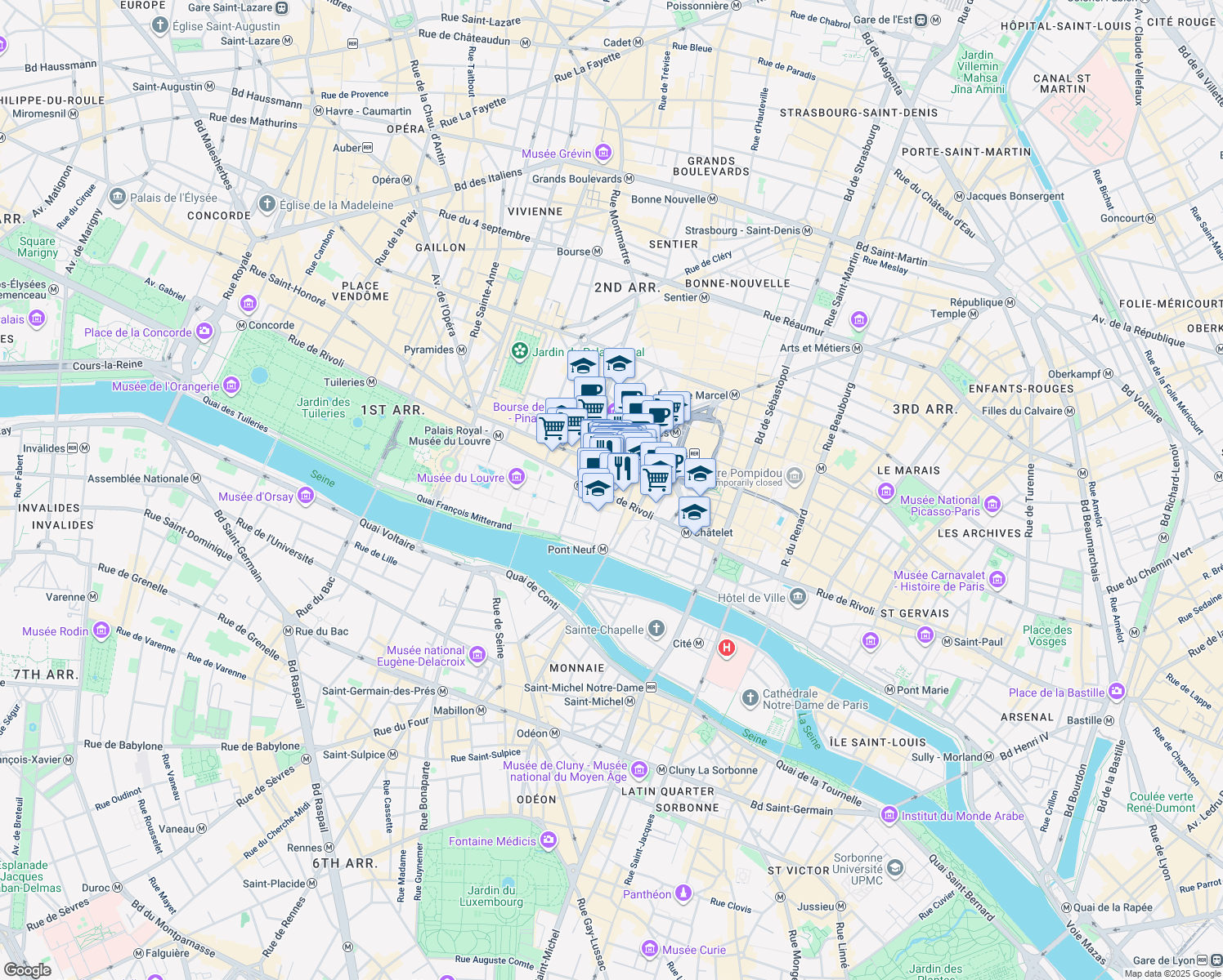 map of restaurants, bars, coffee shops, grocery stores, and more near 144 Rue de Rivoli in Paris
