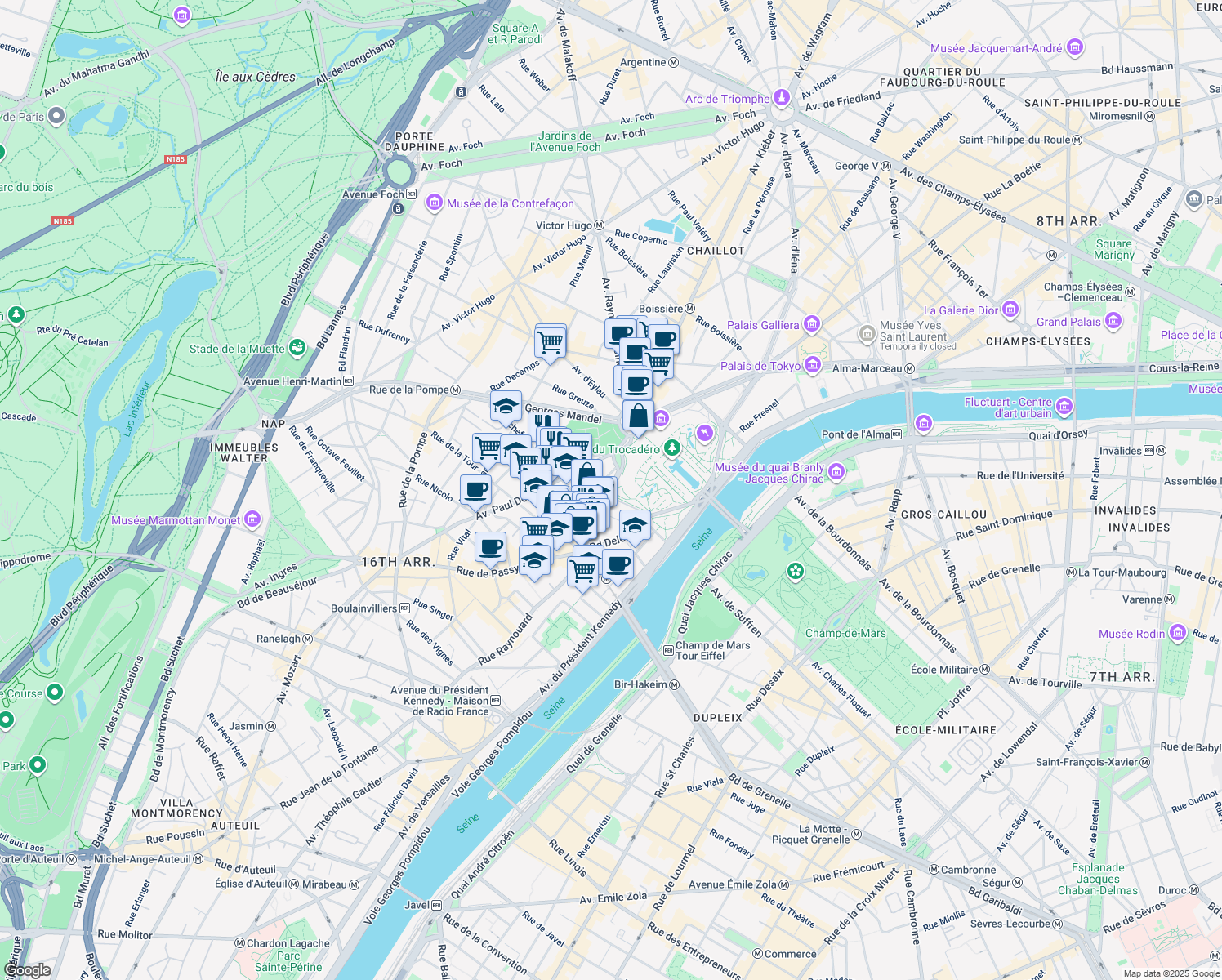 map of restaurants, bars, coffee shops, grocery stores, and more near 25 Rue Benjamin Franklin in Paris