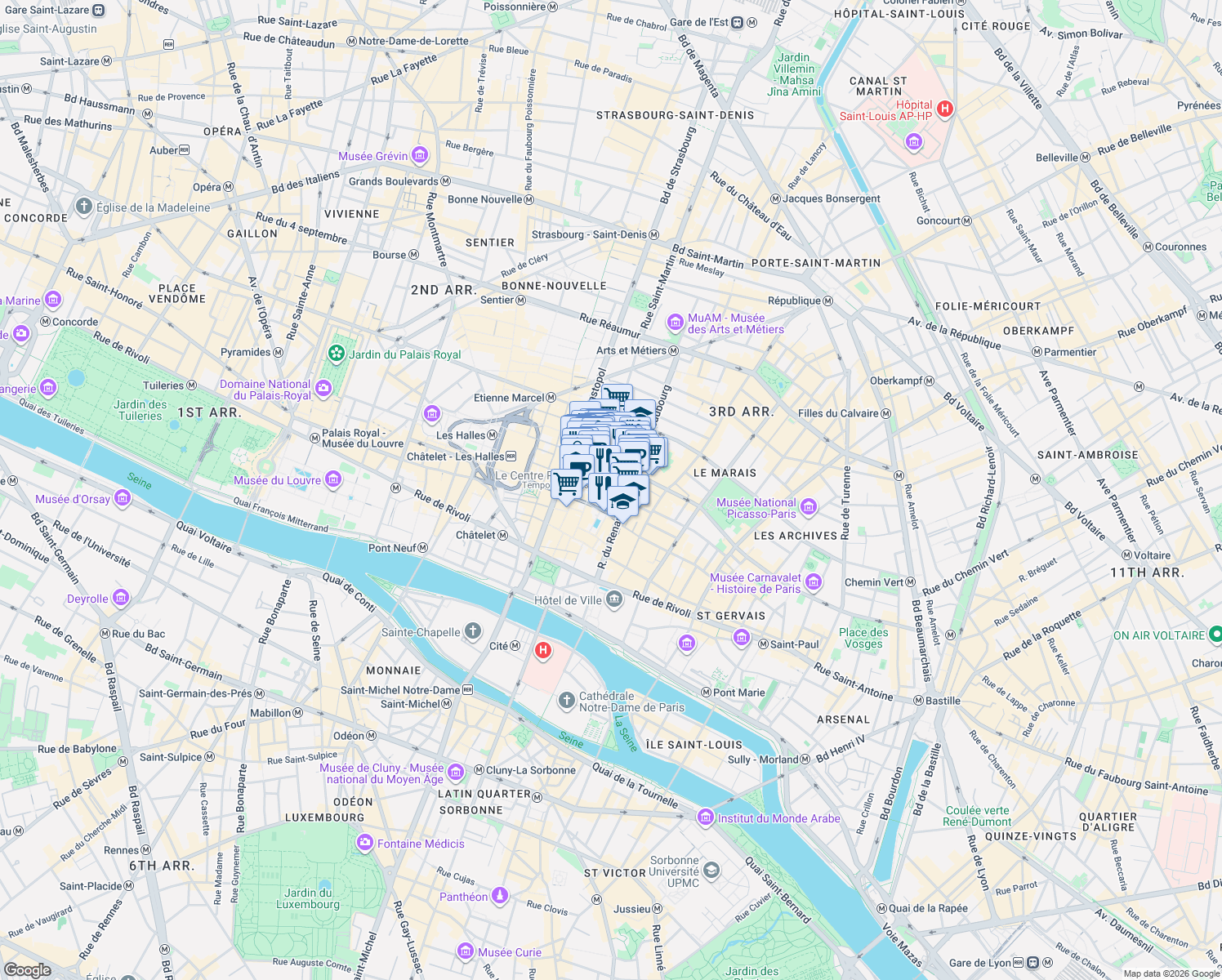 map of restaurants, bars, coffee shops, grocery stores, and more near in Paris