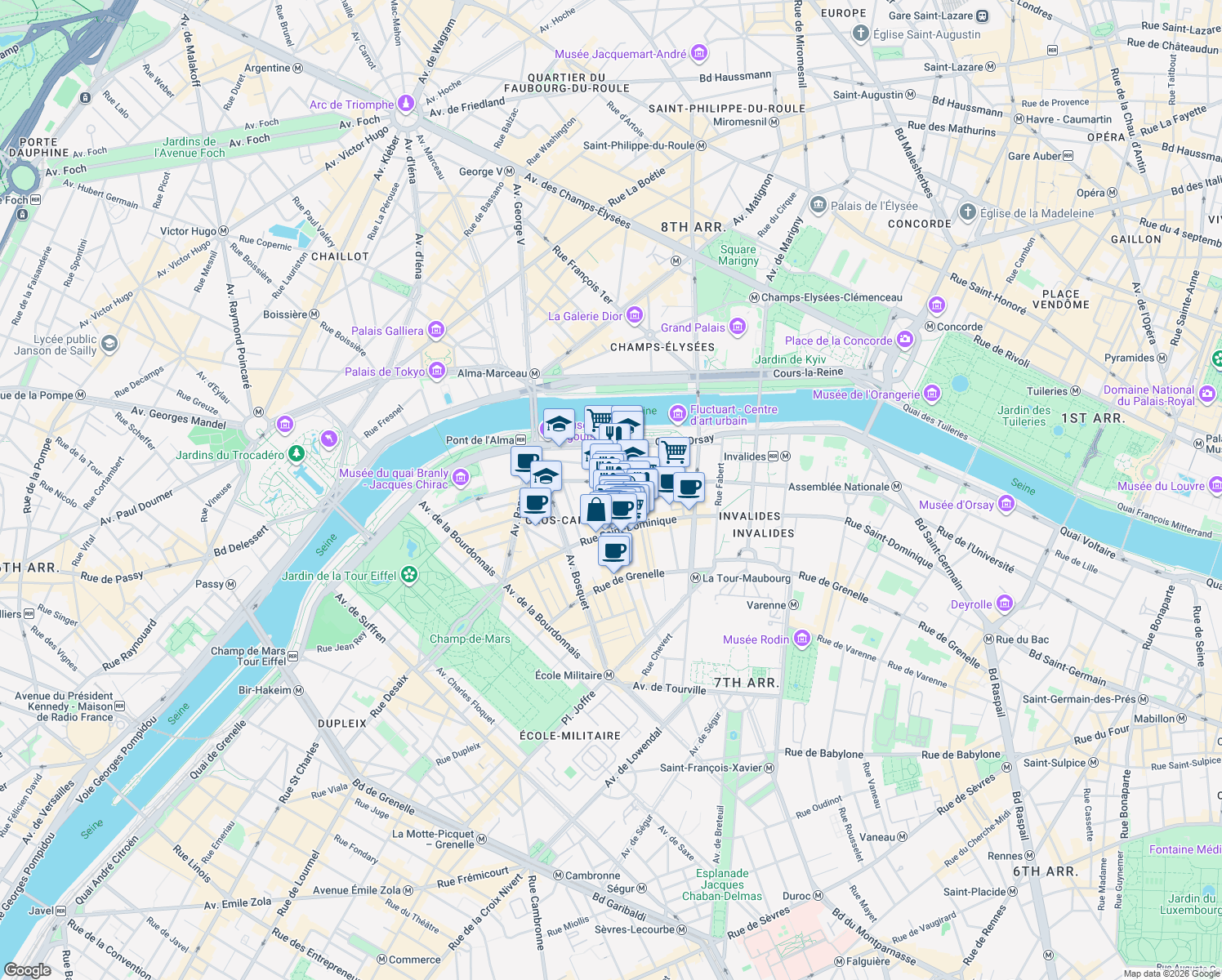 map of restaurants, bars, coffee shops, grocery stores, and more near 17 Rue Malar in Paris