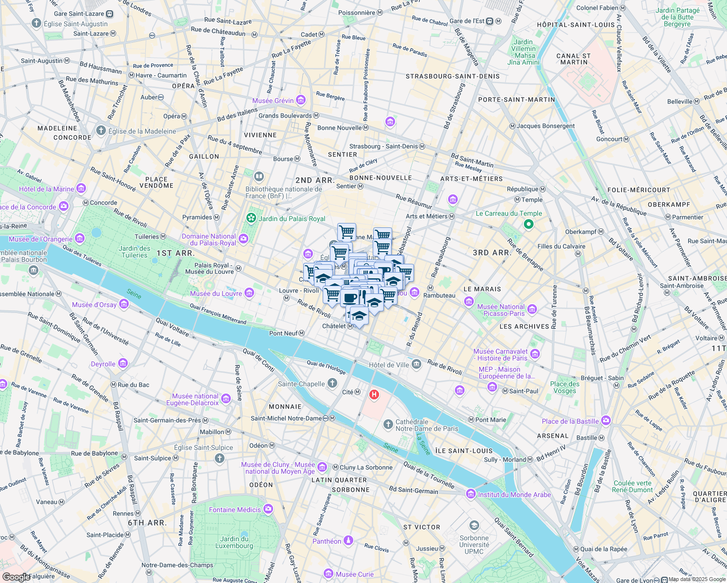 map of restaurants, bars, coffee shops, grocery stores, and more near 1 Rue Pierre Lescot in Paris-1ER-Arrondissement