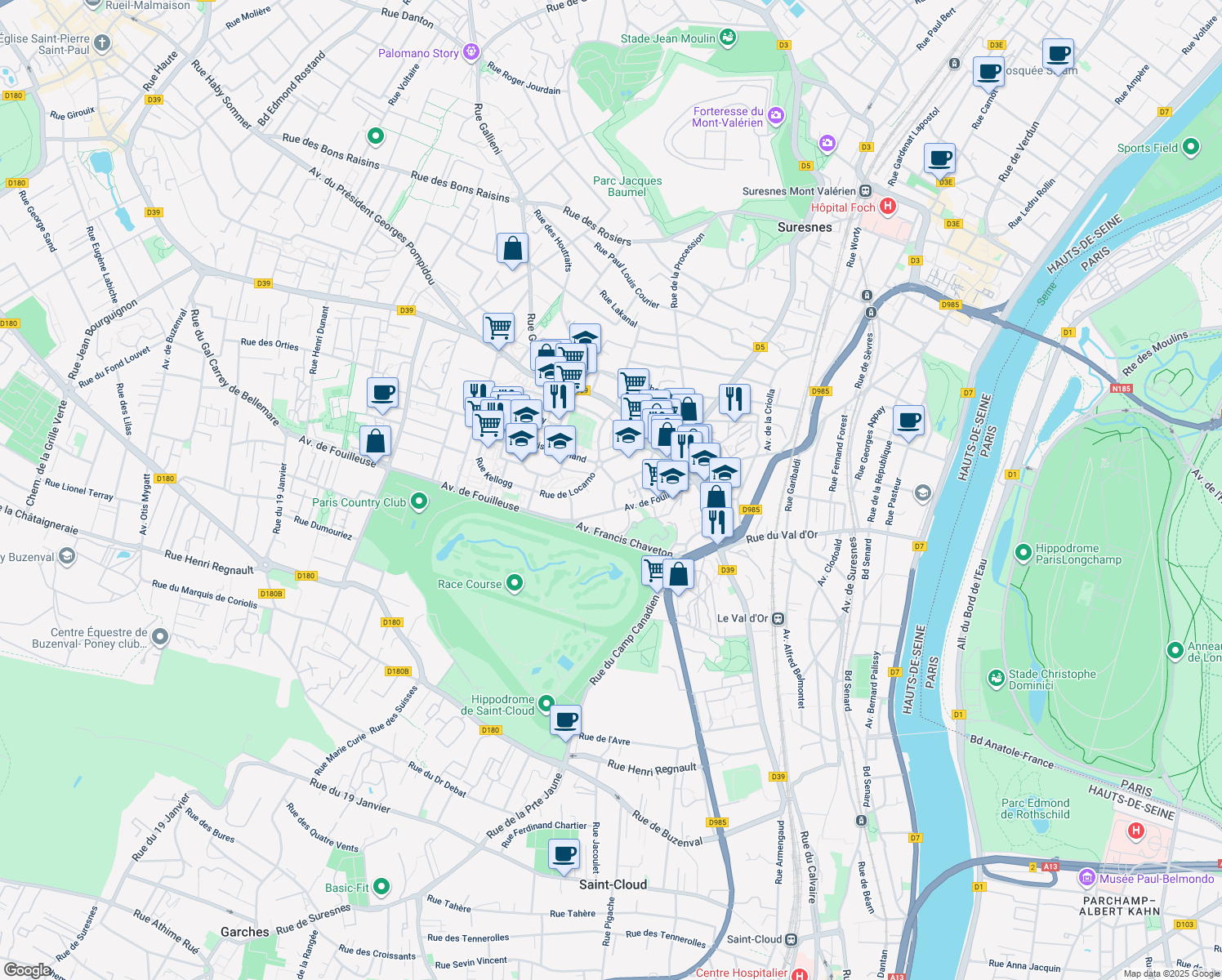 map of restaurants, bars, coffee shops, grocery stores, and more near 6 Allée des Tilleuls in Suresnes