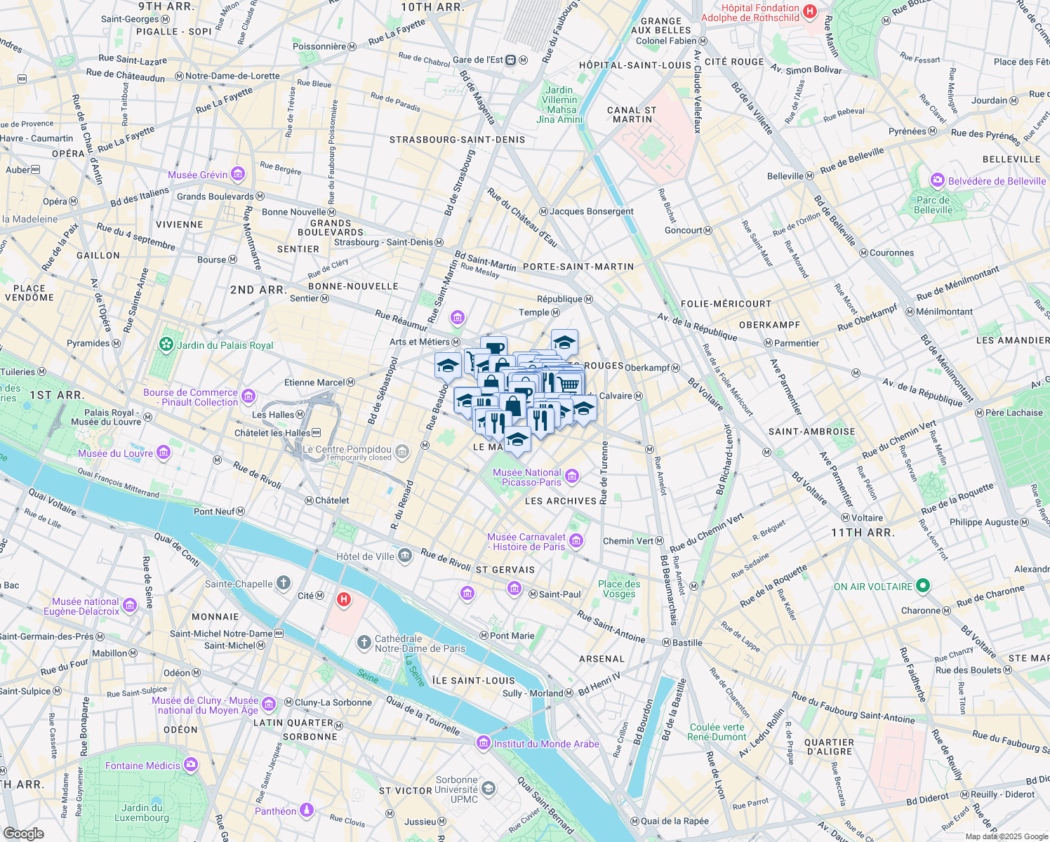 map of restaurants, bars, coffee shops, grocery stores, and more near 74 Rue des Archives in Paris