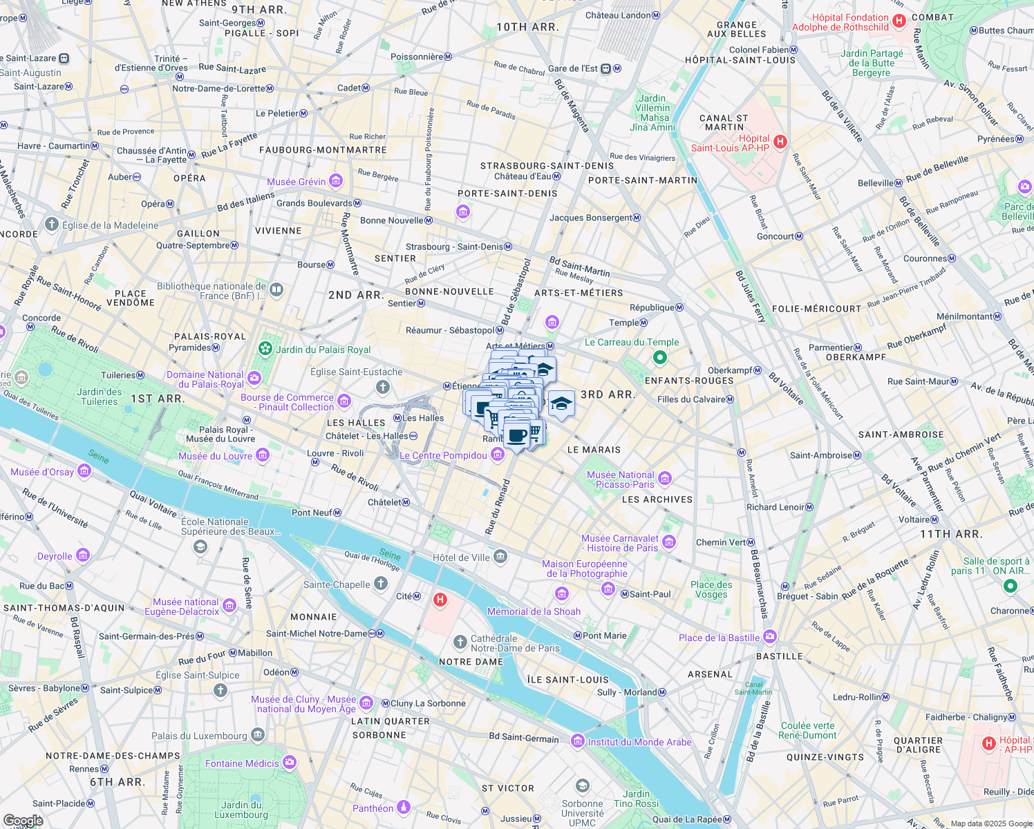 map of restaurants, bars, coffee shops, grocery stores, and more near 7 Rue du Grenier Saint-Lazare in Paris