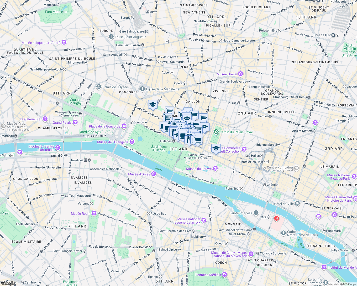 map of restaurants, bars, coffee shops, grocery stores, and more near in Paris
