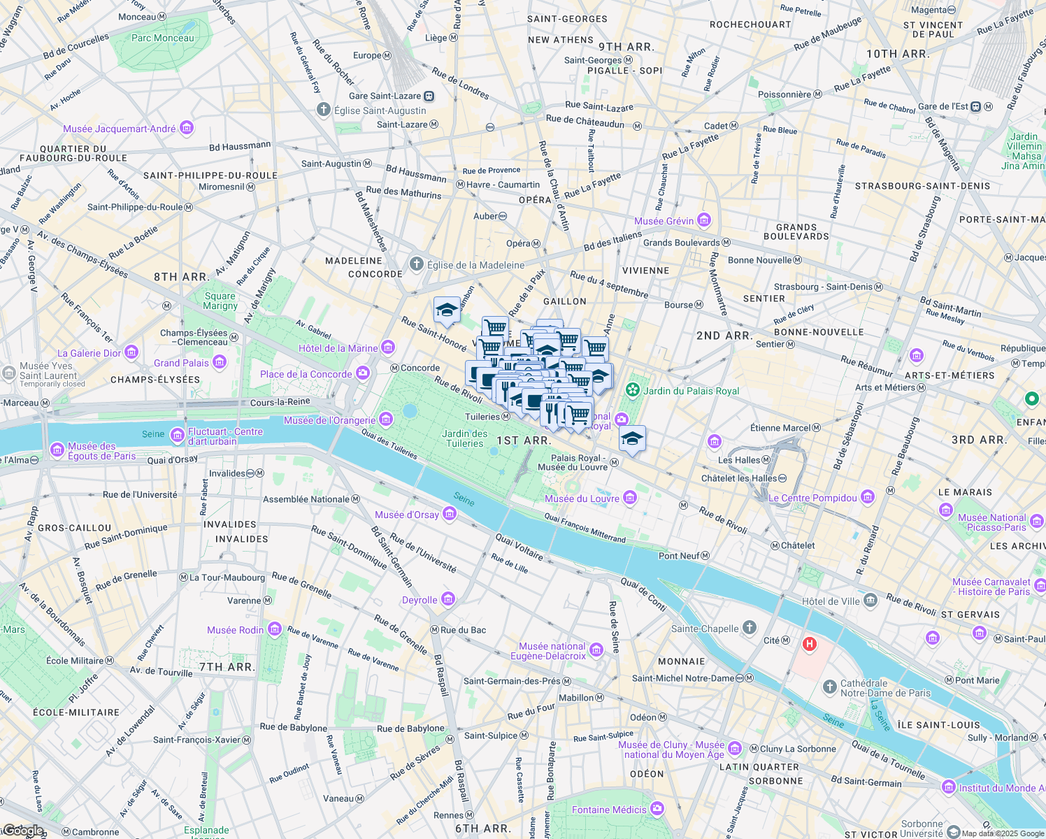 map of restaurants, bars, coffee shops, grocery stores, and more near 198 Rue de Rivoli in Paris
