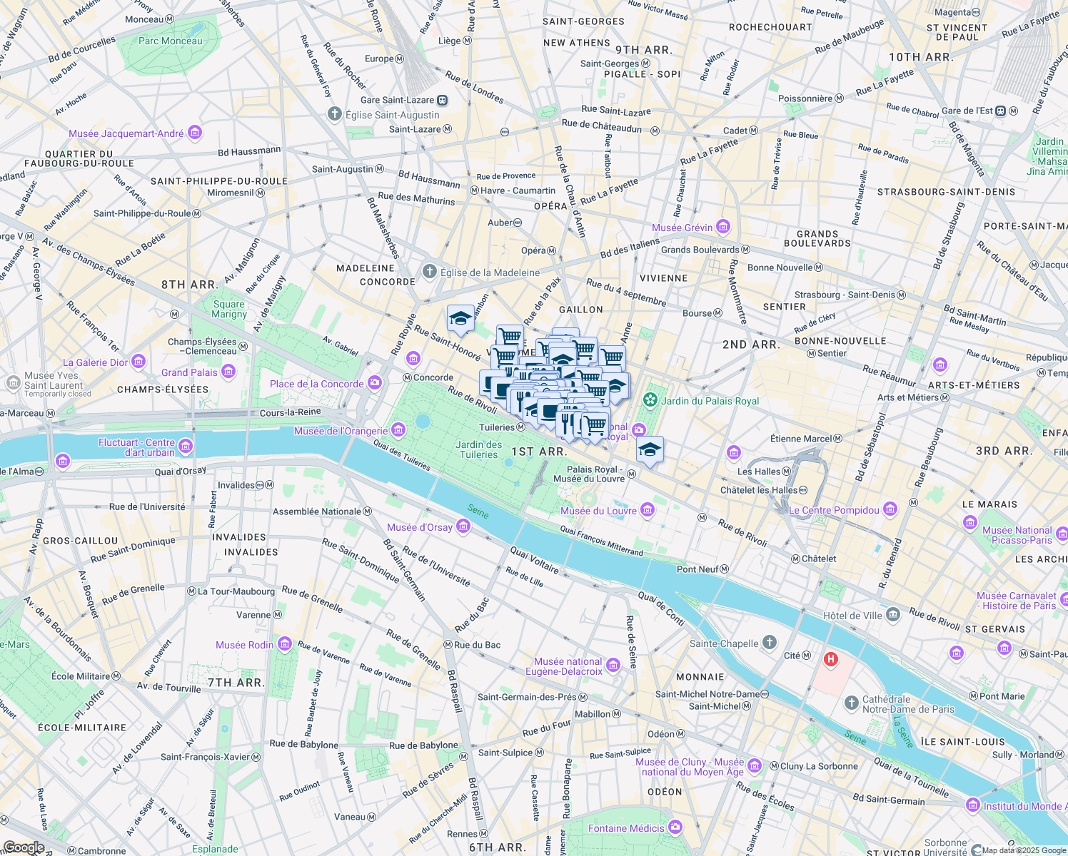 map of restaurants, bars, coffee shops, grocery stores, and more near 202 Rue de Rivoli in Paris