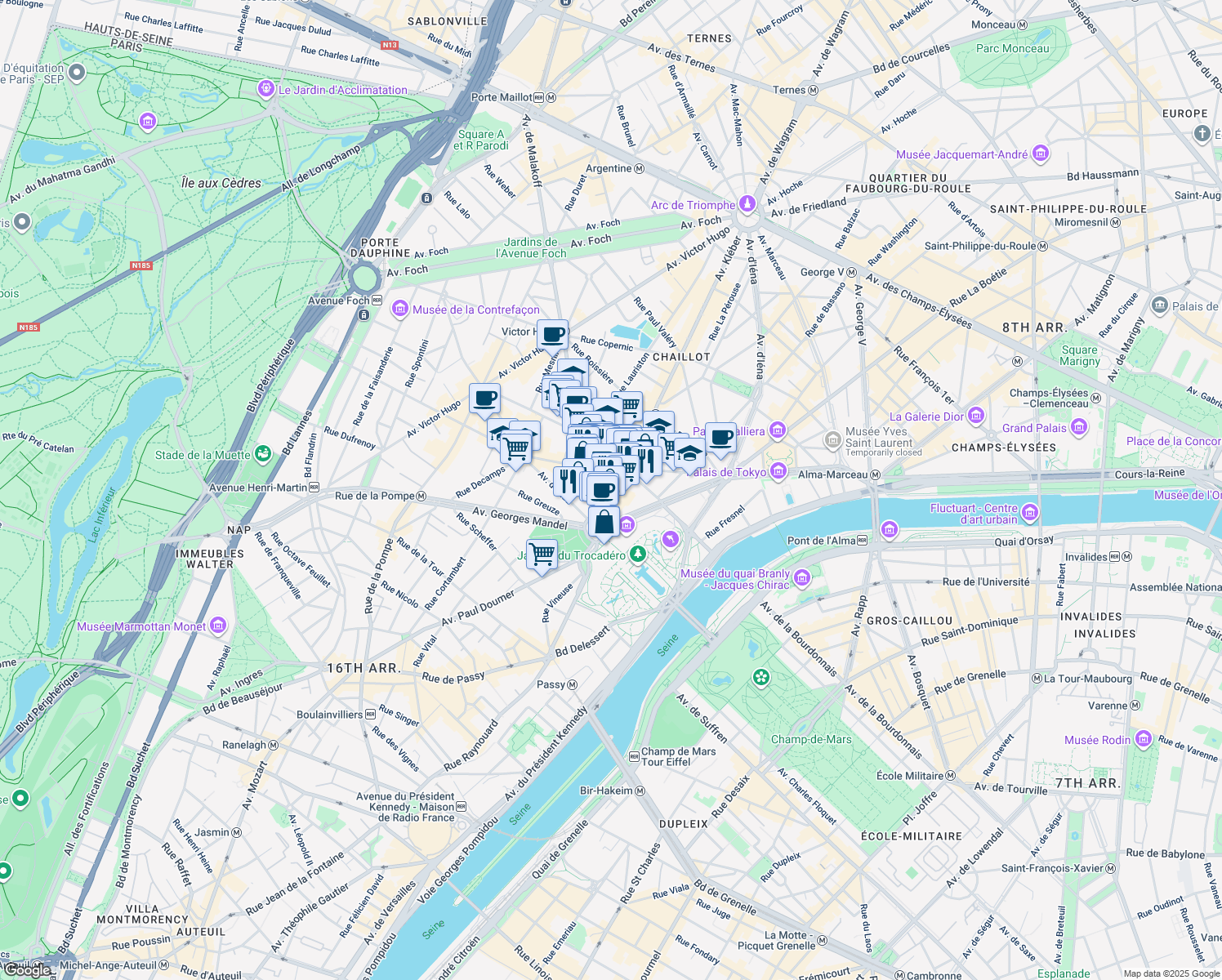 map of restaurants, bars, coffee shops, grocery stores, and more near 112 Avenue Kléber in Paris