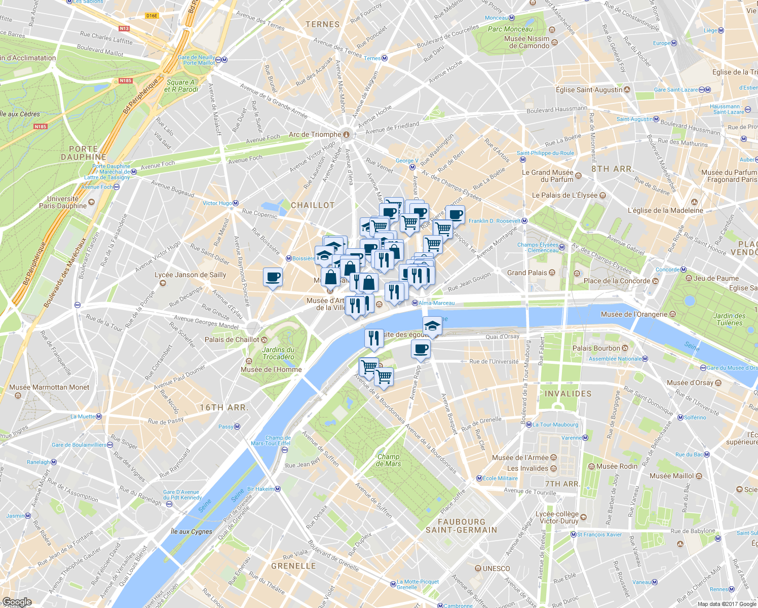 map of restaurants, bars, coffee shops, grocery stores, and more near 11 Avenue du Président Wilson in Paris