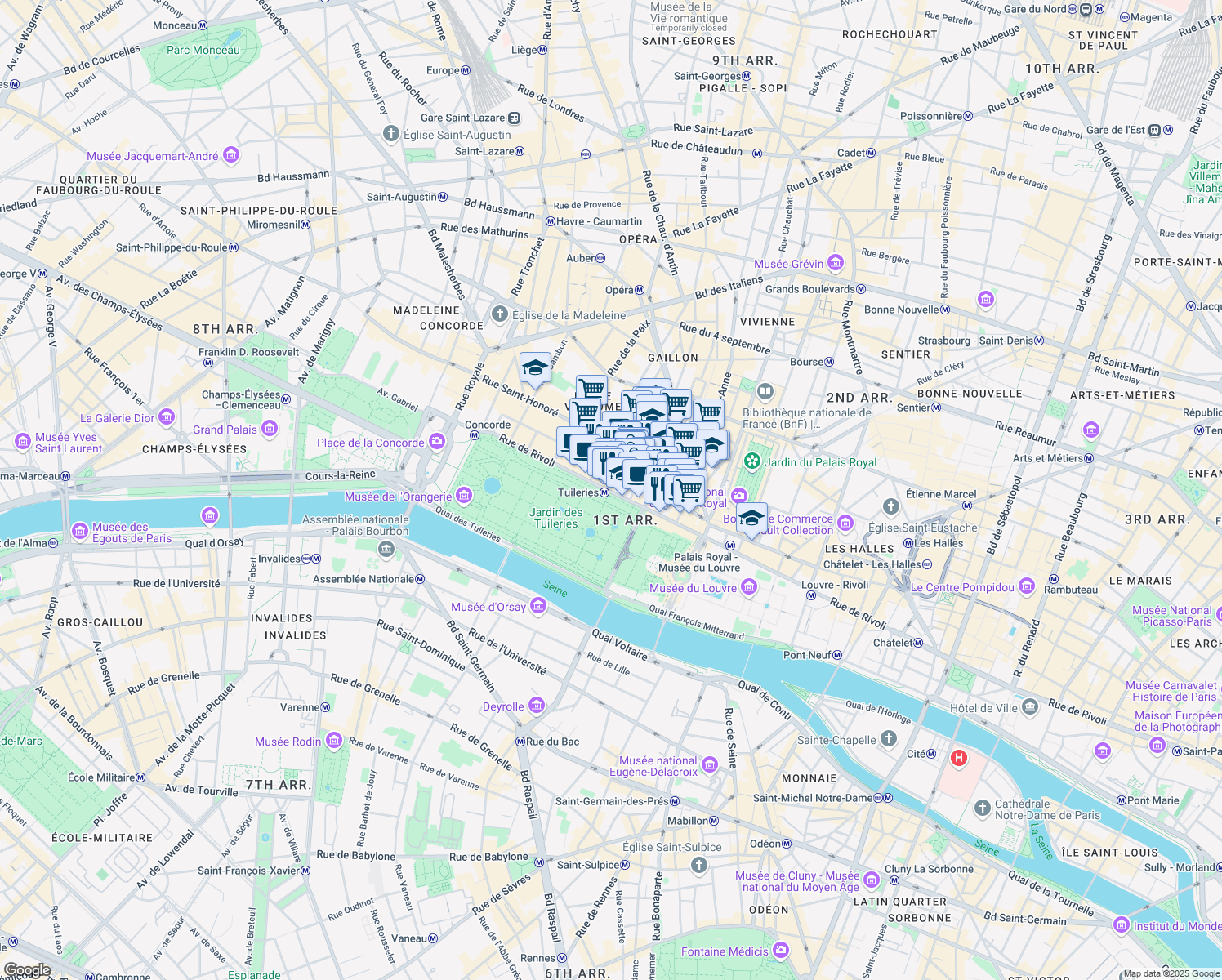 map of restaurants, bars, coffee shops, grocery stores, and more near 206 Rue de Rivoli in Paris