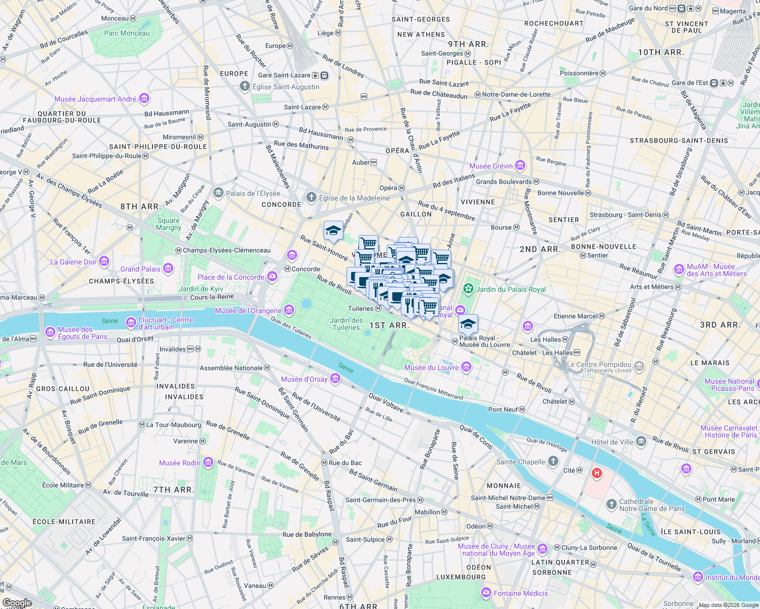 map of restaurants, bars, coffee shops, grocery stores, and more near 206 Rue de Rivoli in Paris