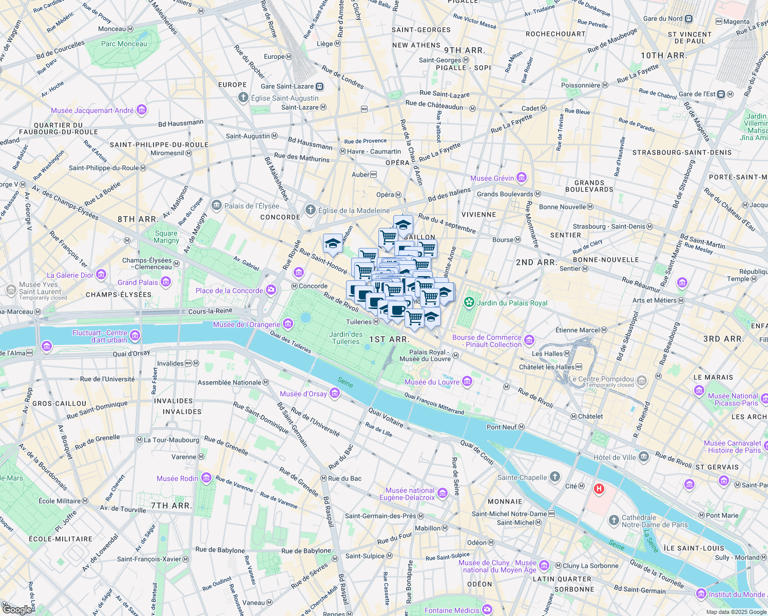 map of restaurants, bars, coffee shops, grocery stores, and more near 202 Rue de Rivoli in Paris