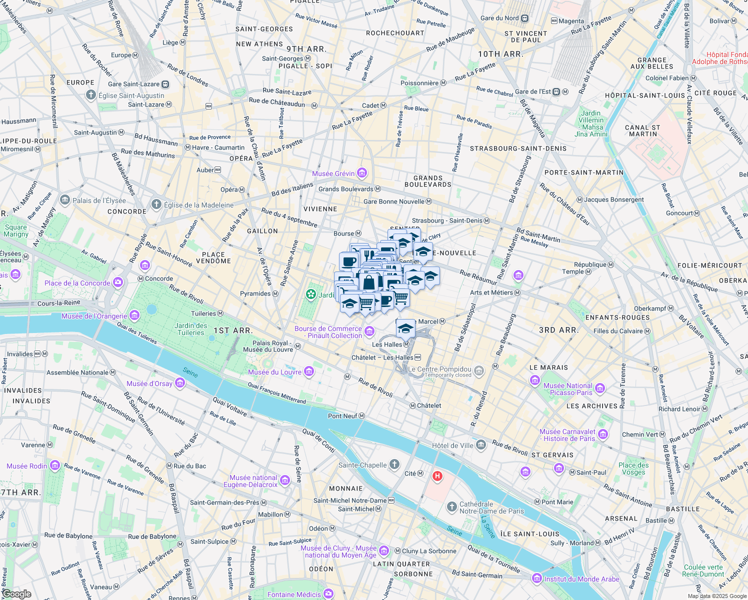 map of restaurants, bars, coffee shops, grocery stores, and more near 52 Rue du Louvre in Paris