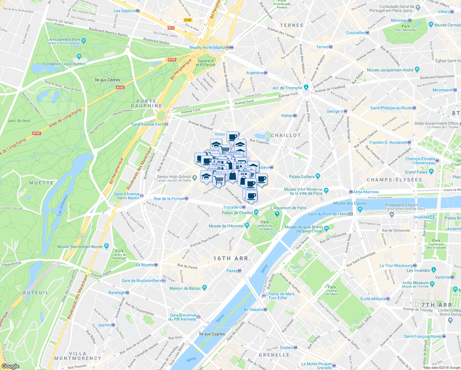map of restaurants, bars, coffee shops, grocery stores, and more near 83 Rue de Longchamp in Paris