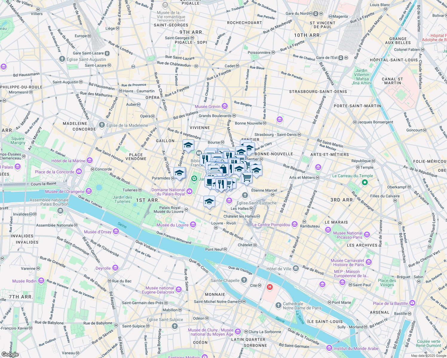 map of restaurants, bars, coffee shops, grocery stores, and more near 49 Rue Étienne Marcel in Paris