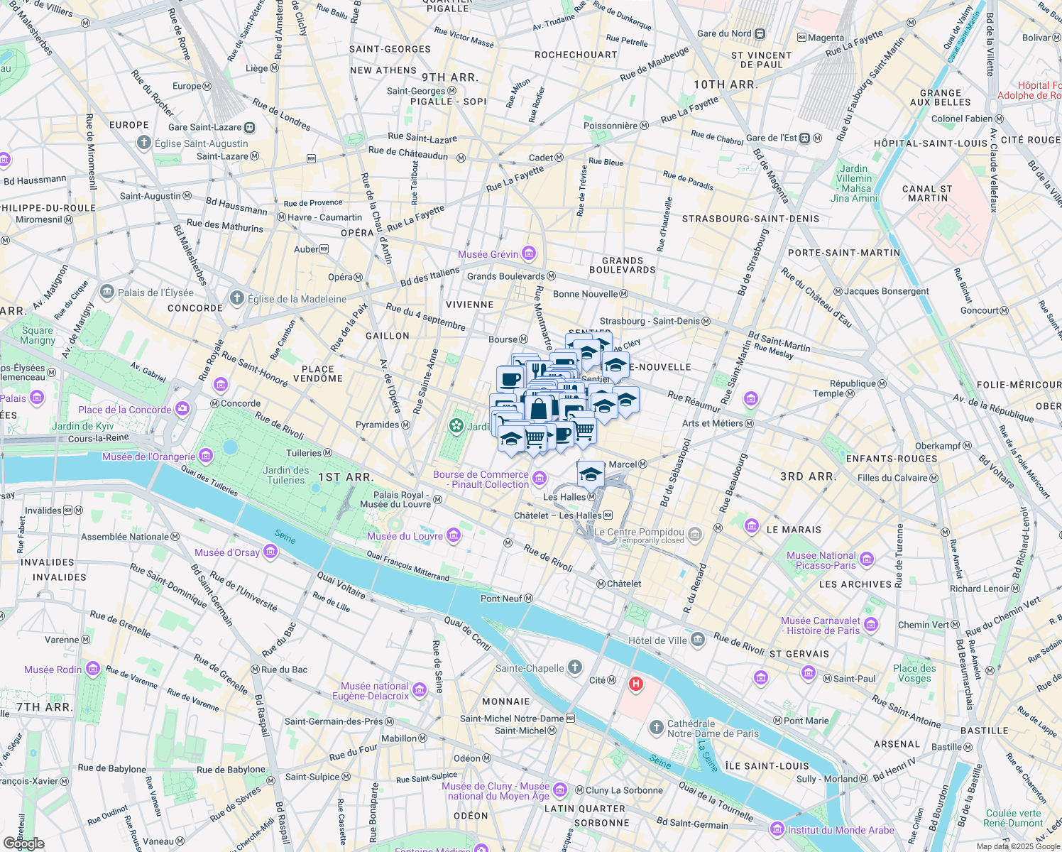 map of restaurants, bars, coffee shops, grocery stores, and more near 49 Rue Étienne Marcel in Paris