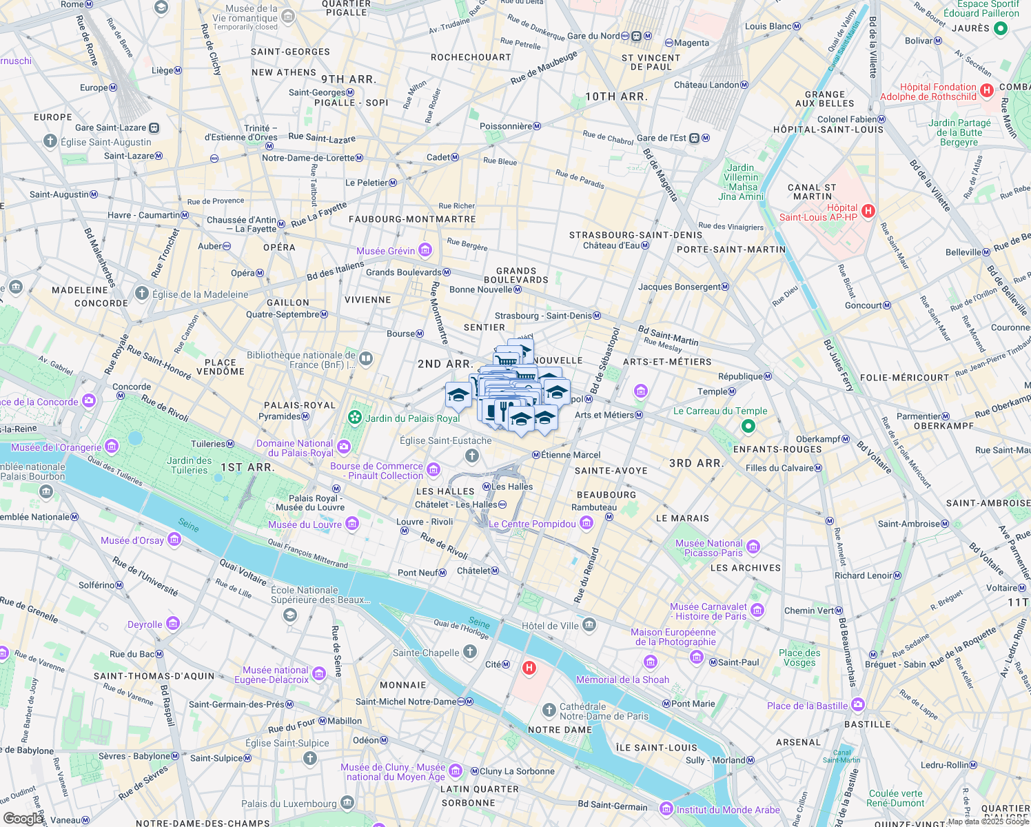 map of restaurants, bars, coffee shops, grocery stores, and more near 58 Rue Greneta in Paris