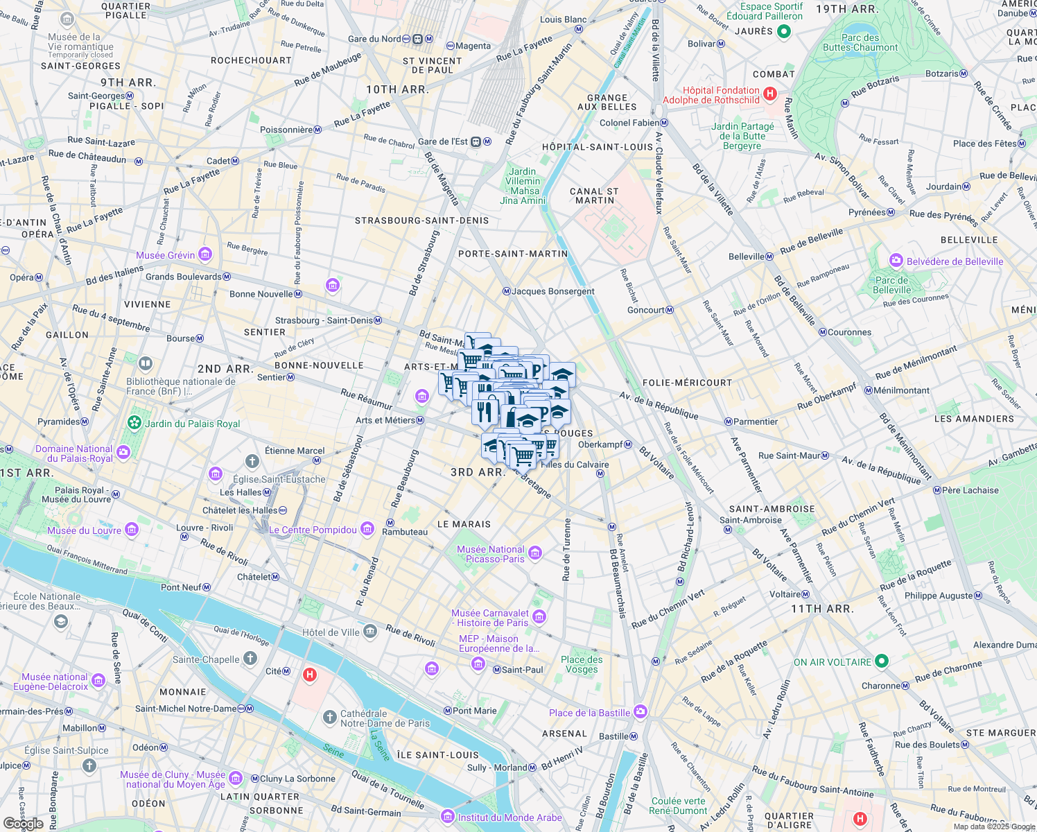 map of restaurants, bars, coffee shops, grocery stores, and more near 16 Rue Dupetit-Thouars in Paris
