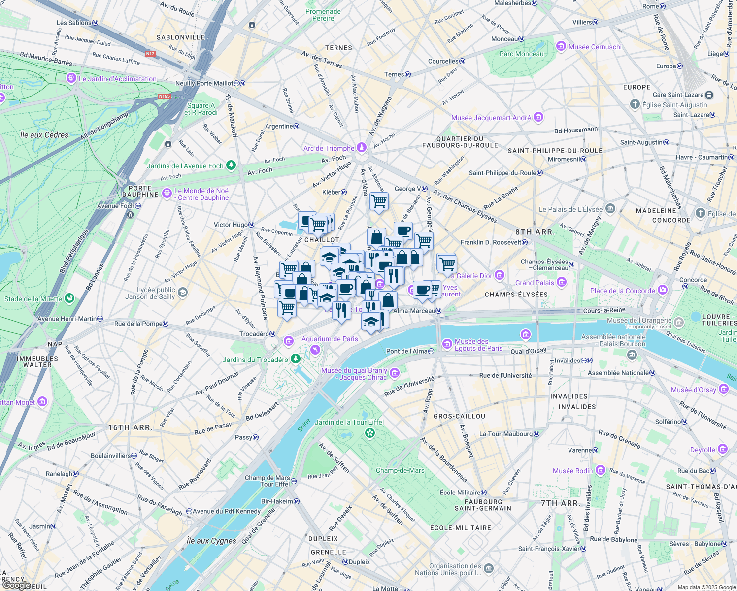 map of restaurants, bars, coffee shops, grocery stores, and more near 1 Rue de Chaillot in Paris