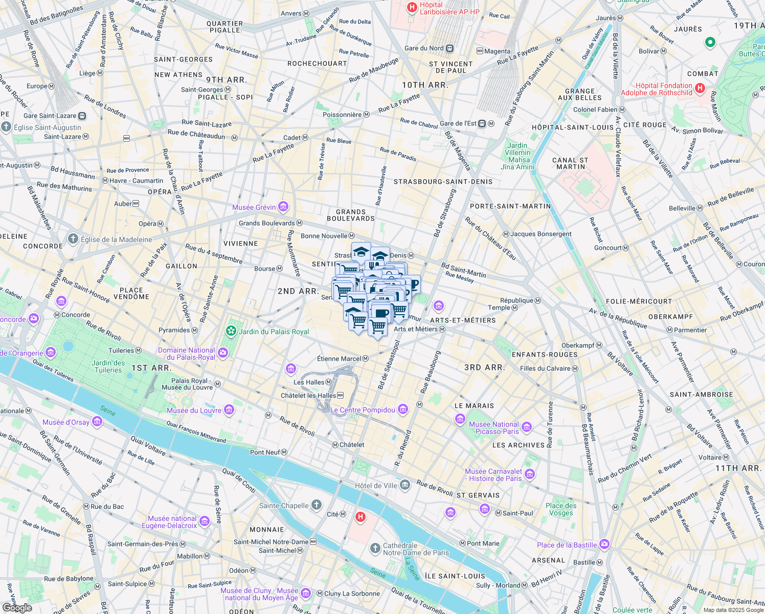 map of restaurants, bars, coffee shops, grocery stores, and more near Rue Réaumur in Paris