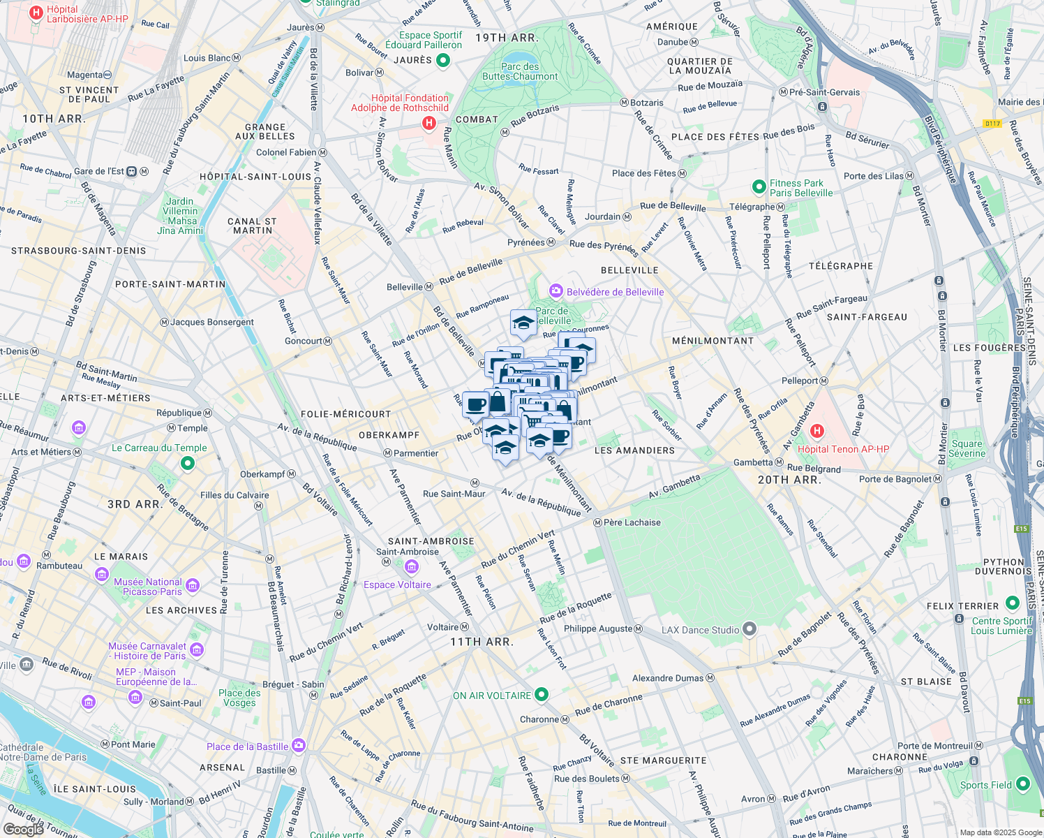 map of restaurants, bars, coffee shops, grocery stores, and more near 57 Boulevard Saint-Germain in Paris
