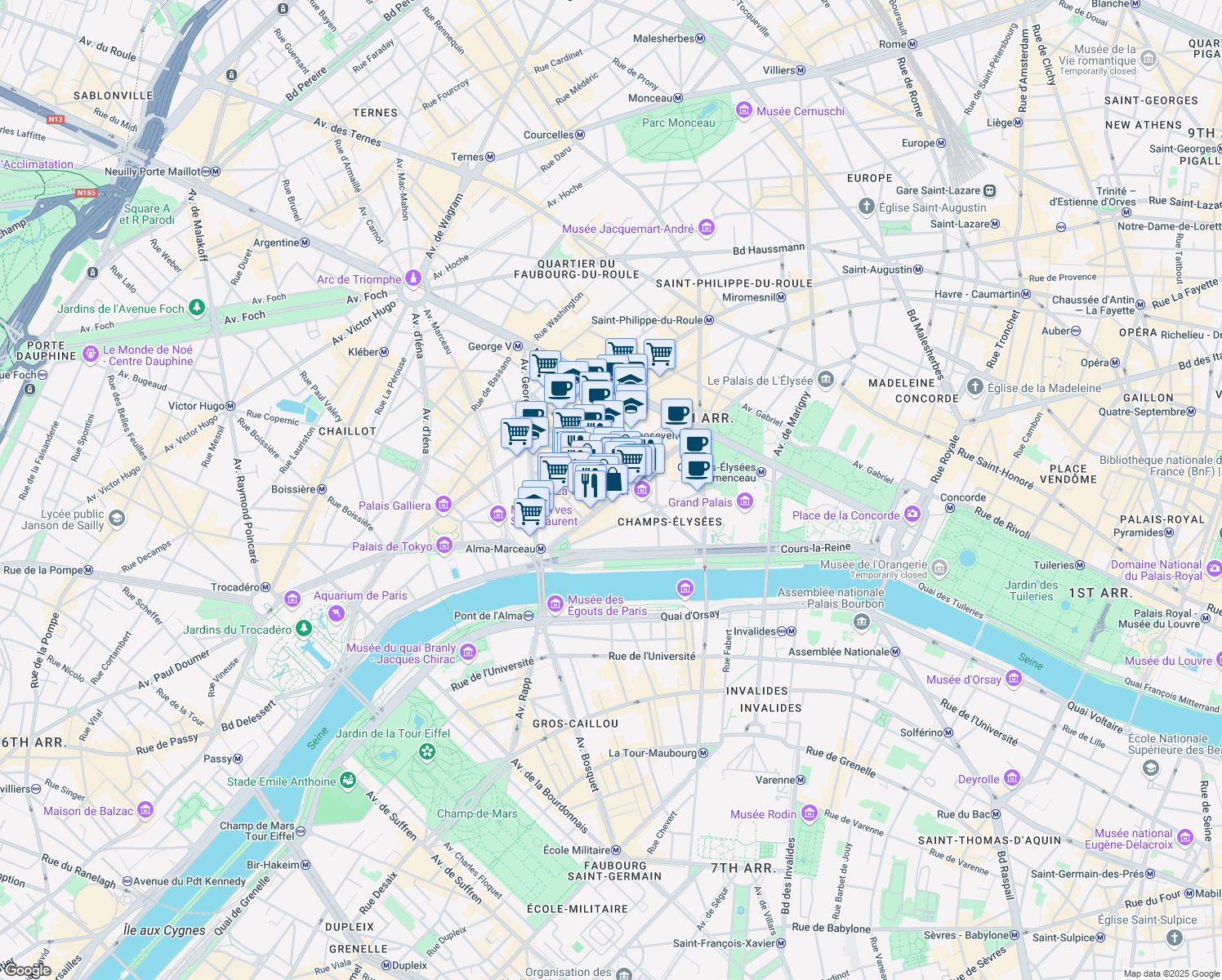map of restaurants, bars, coffee shops, grocery stores, and more near 35 Avenue Montaigne in Paris