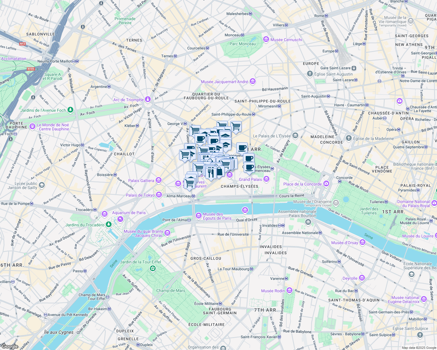 map of restaurants, bars, coffee shops, grocery stores, and more near 35 Avenue Montaigne in Paris
