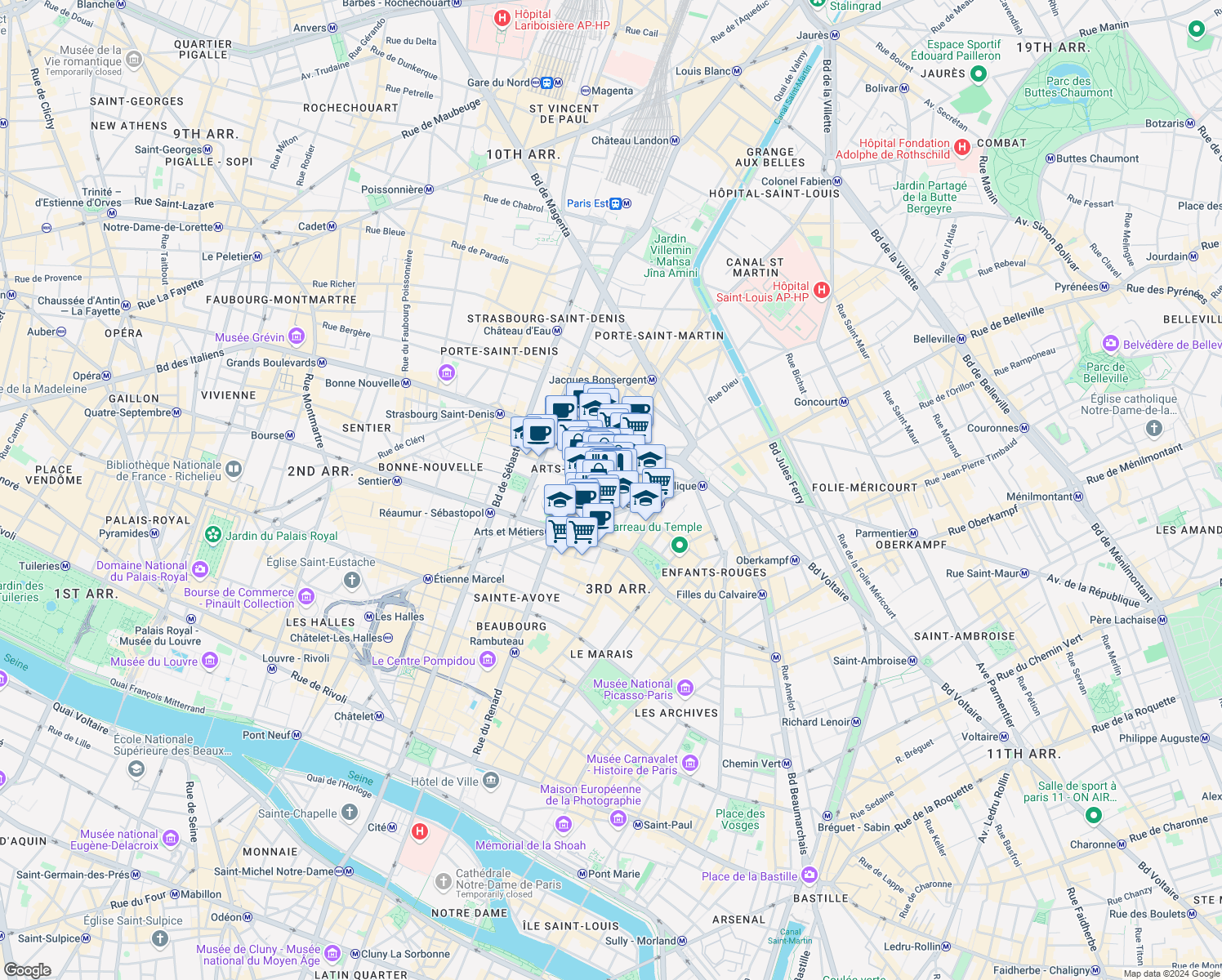 map of restaurants, bars, coffee shops, grocery stores, and more near 9 Rue du Vertbois in Paris