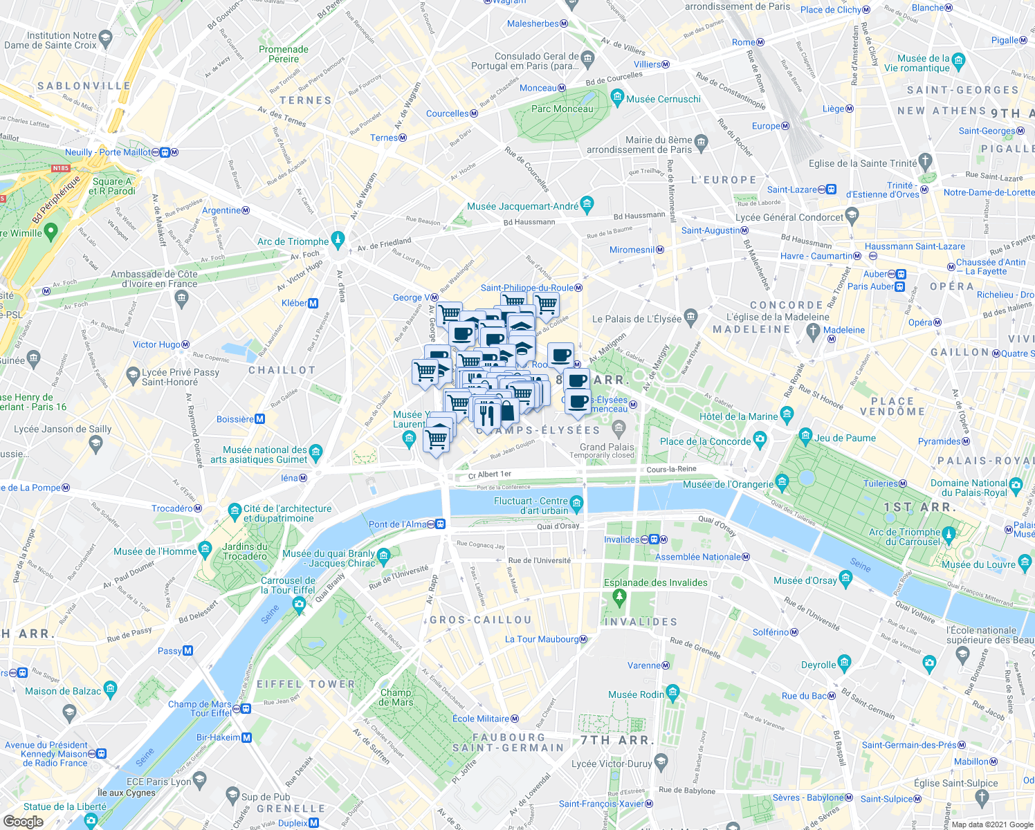 map of restaurants, bars, coffee shops, grocery stores, and more near Avenue Montaigne in Paris