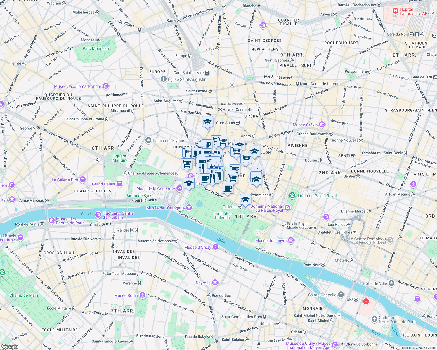 map of restaurants, bars, coffee shops, grocery stores, and more near 372 Rue Saint-Honoré in Paris