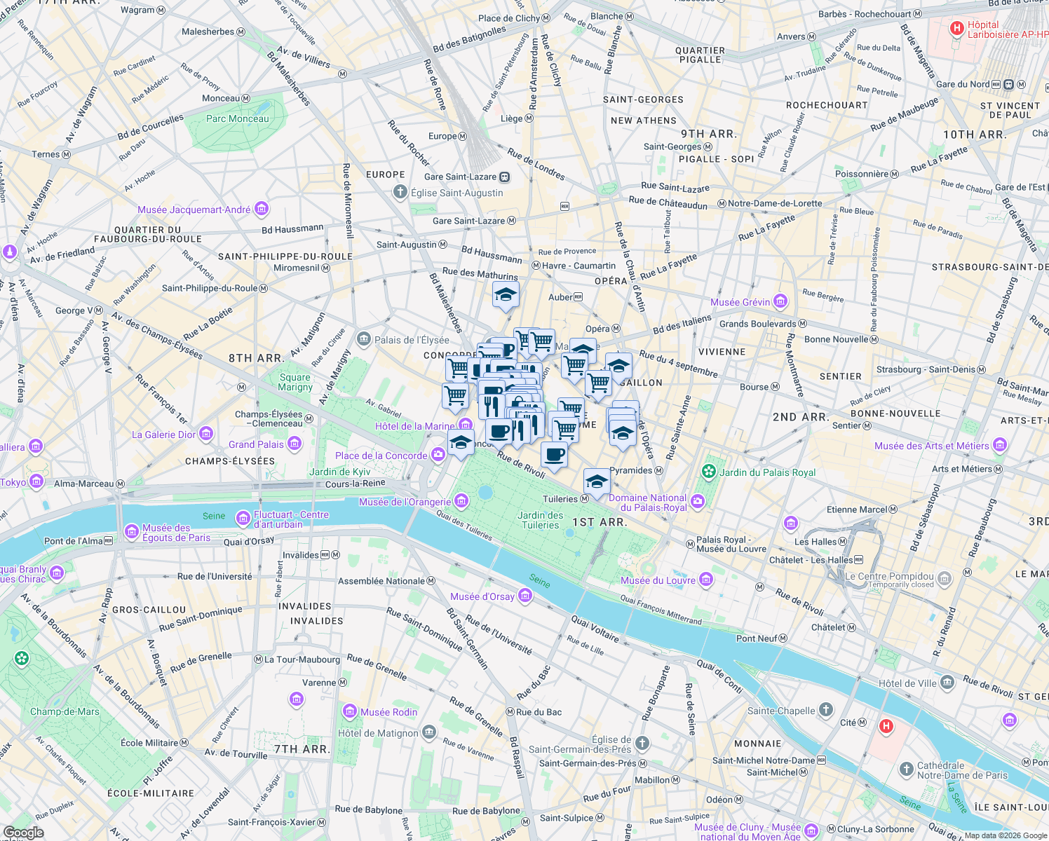 map of restaurants, bars, coffee shops, grocery stores, and more near 376 Rue Saint-Honoré in Paris