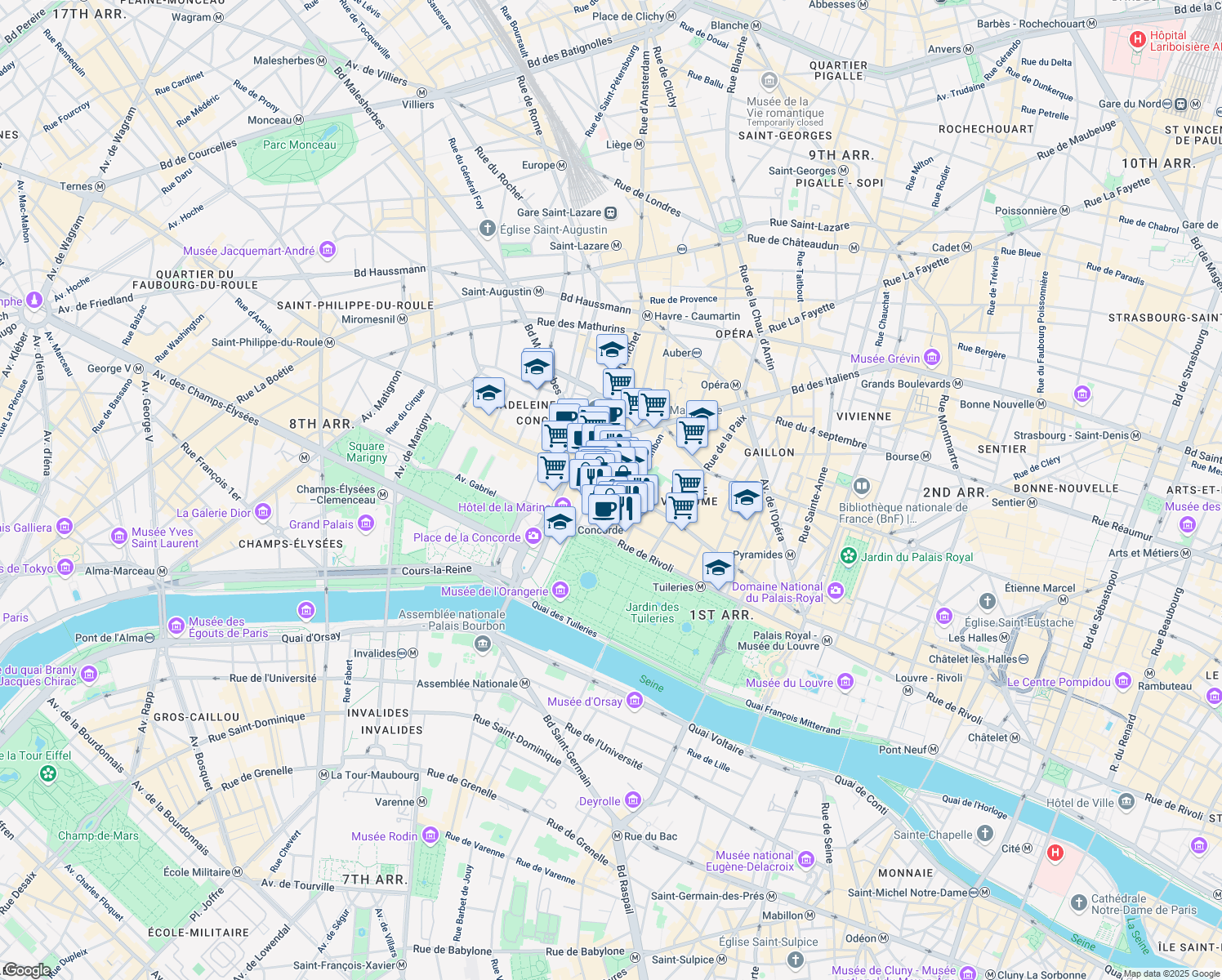 map of restaurants, bars, coffee shops, grocery stores, and more near 265 Rue Saint Honoré in Paris