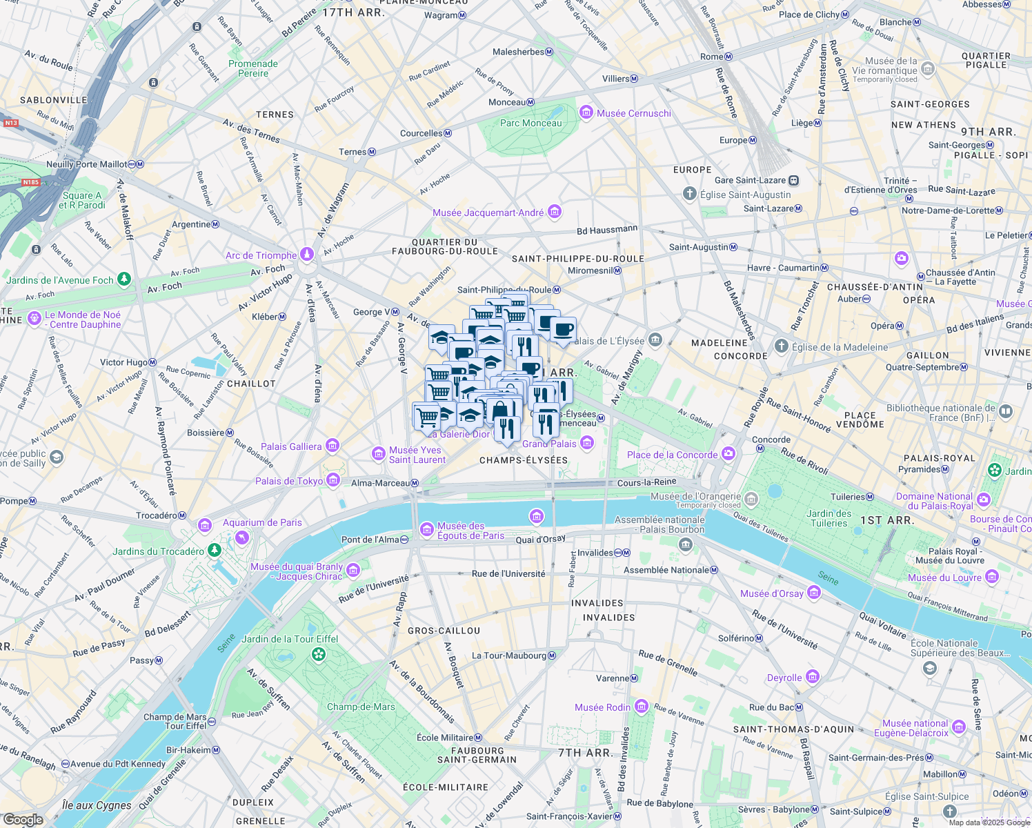 map of restaurants, bars, coffee shops, grocery stores, and more near 46 Avenue Montaigne in Paris