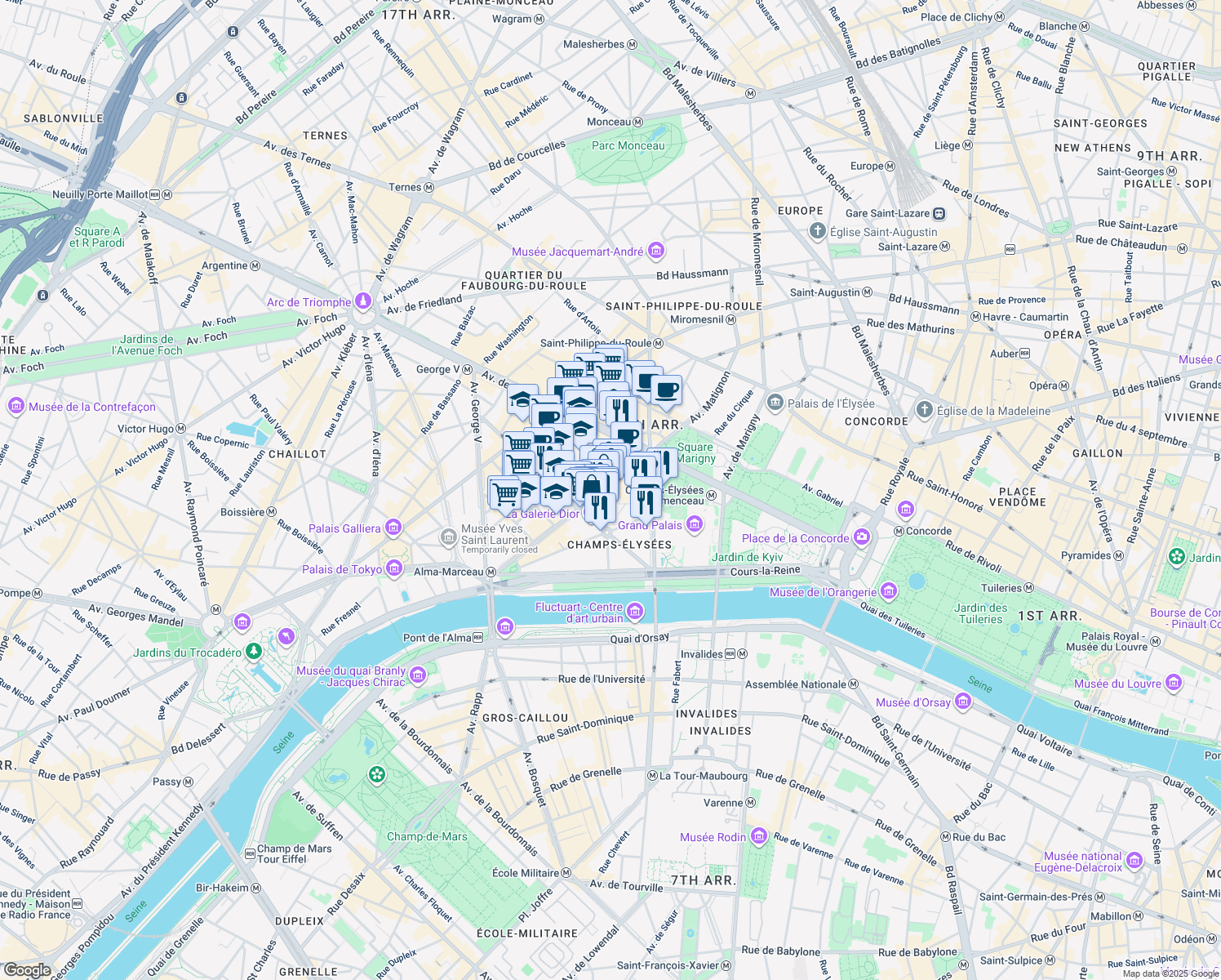 map of restaurants, bars, coffee shops, grocery stores, and more near 46 Avenue Montaigne in Paris
