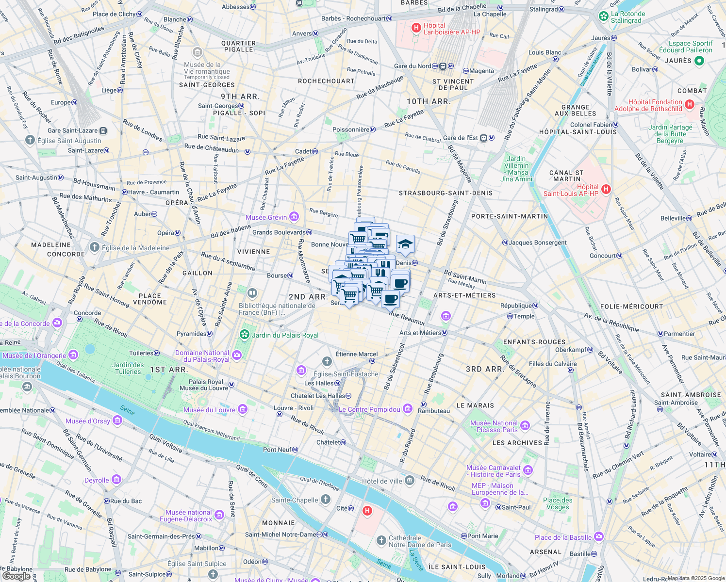 map of restaurants, bars, coffee shops, grocery stores, and more near 2 Rue du Nil in Paris