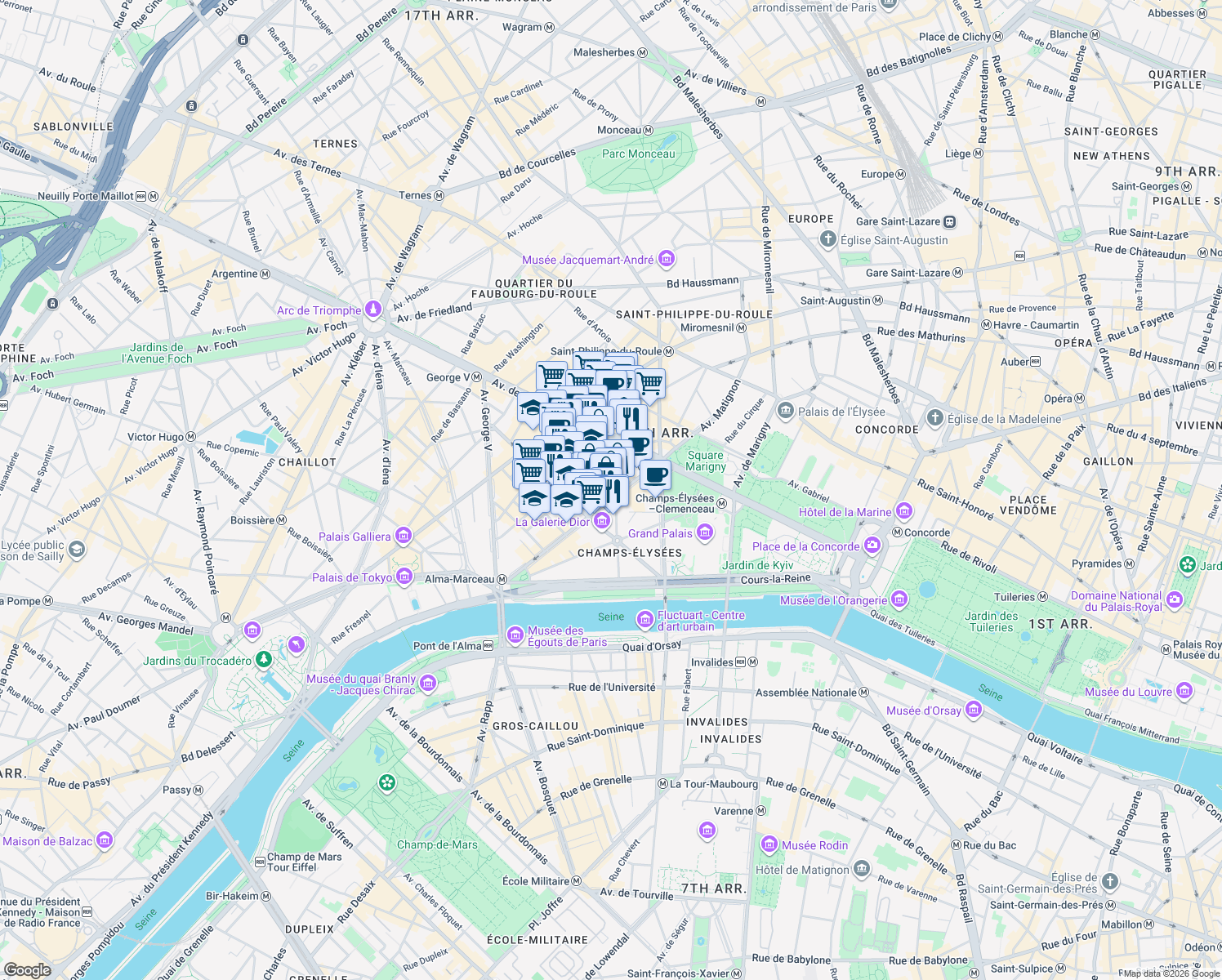 map of restaurants, bars, coffee shops, grocery stores, and more near 51 Avenue Montaigne in Paris