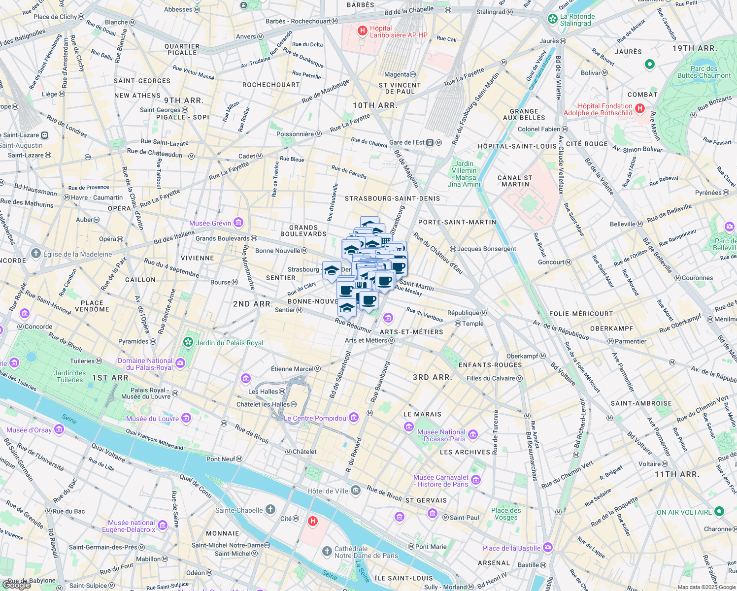 map of restaurants, bars, coffee shops, grocery stores, and more near 131 Boulevard de Sébastopol in Paris