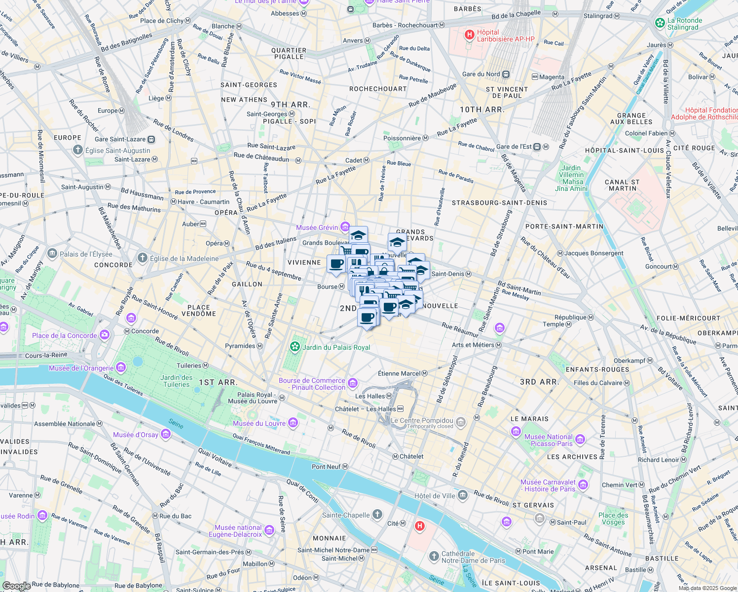 map of restaurants, bars, coffee shops, grocery stores, and more near 124 Rue Réaumur in Paris