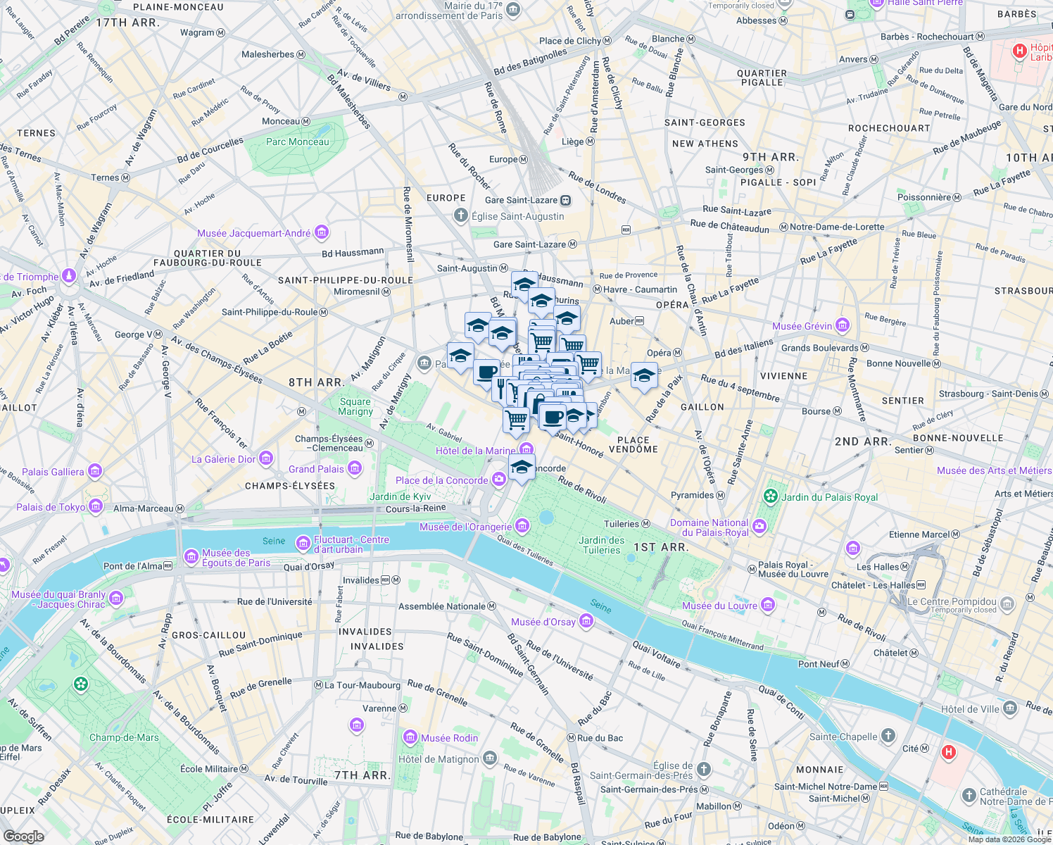 map of restaurants, bars, coffee shops, grocery stores, and more near 1 Rue du Faubourg Saint-Honoré in Paris