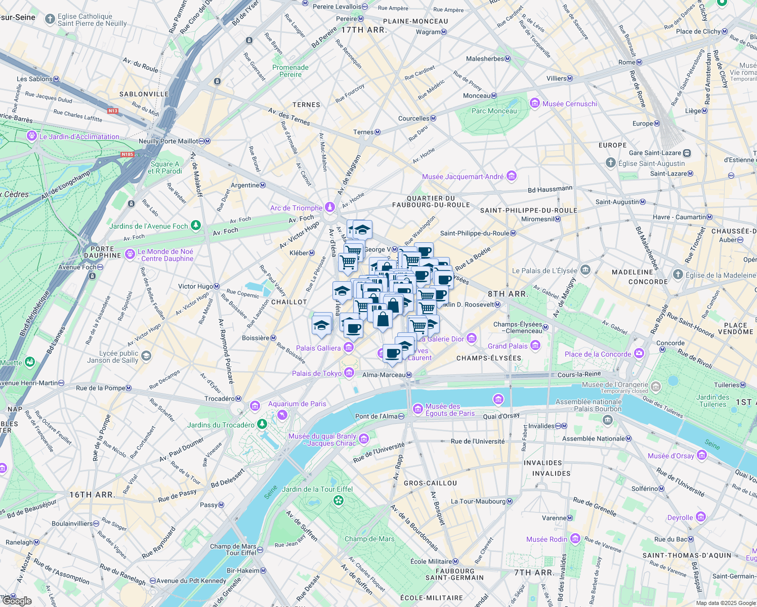 map of restaurants, bars, coffee shops, grocery stores, and more near 46 Avenue Marceau in Paris