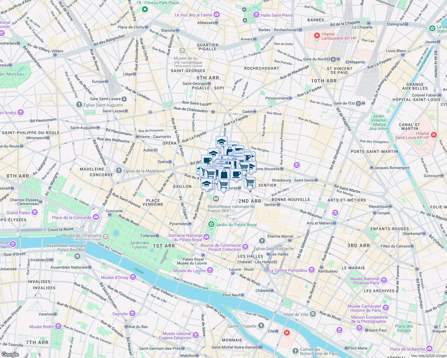 map of restaurants, bars, coffee shops, grocery stores, and more near 6 Rue des Colonnes in Paris